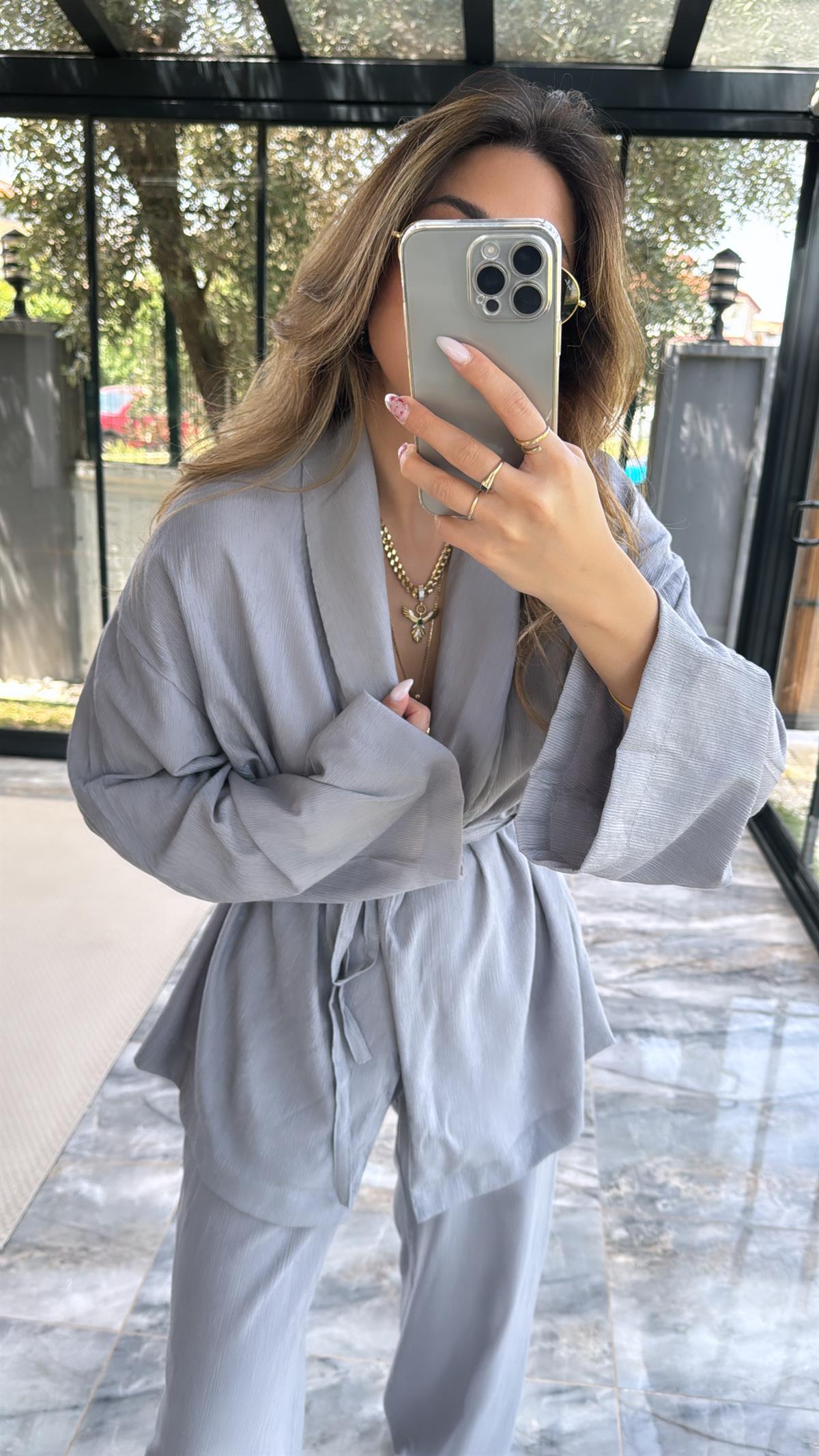 Gri Şal Yaka Kimono Takım