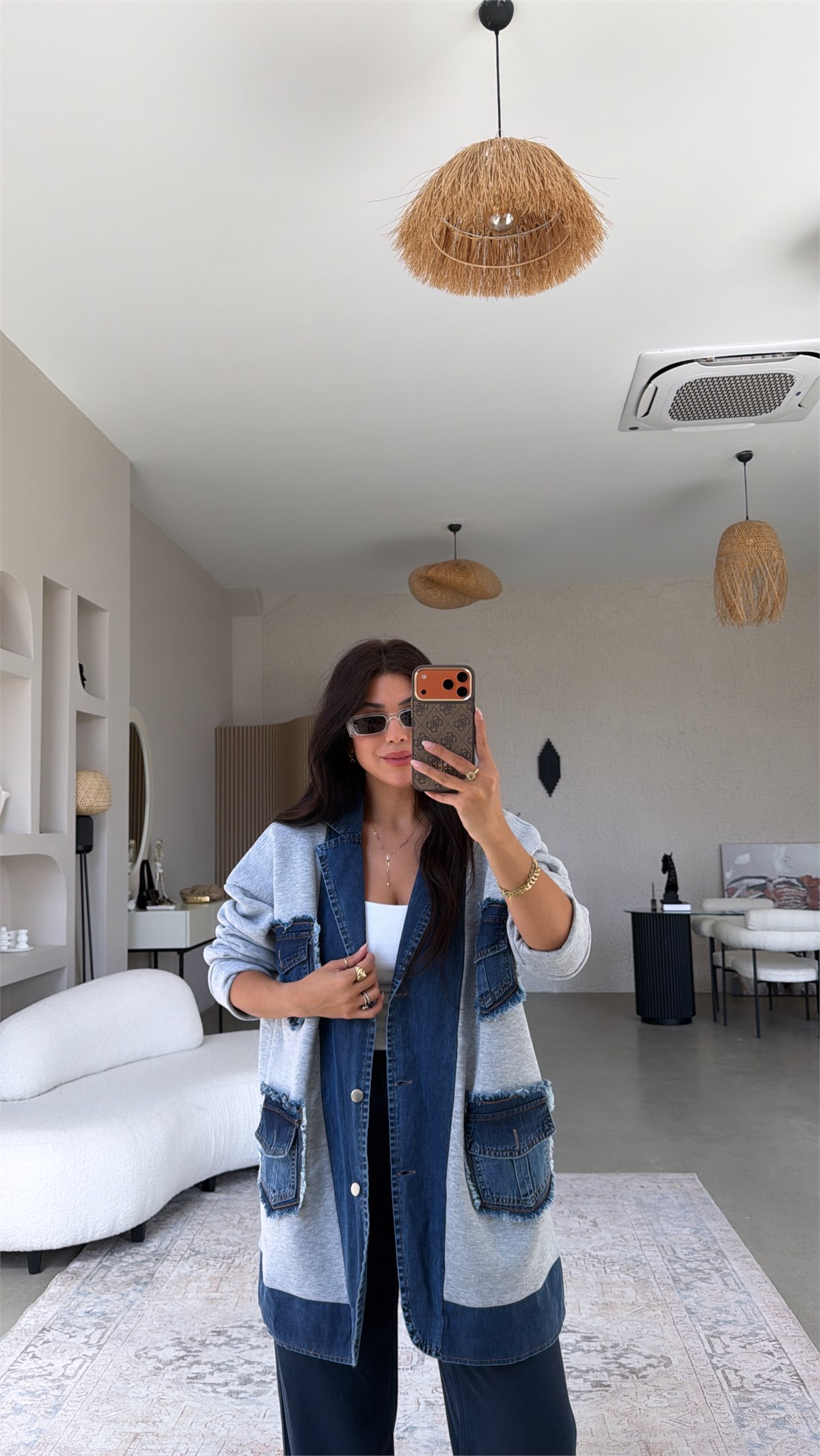 Gri Şardonlu Denim Detaylı Salaş Premium Ceket