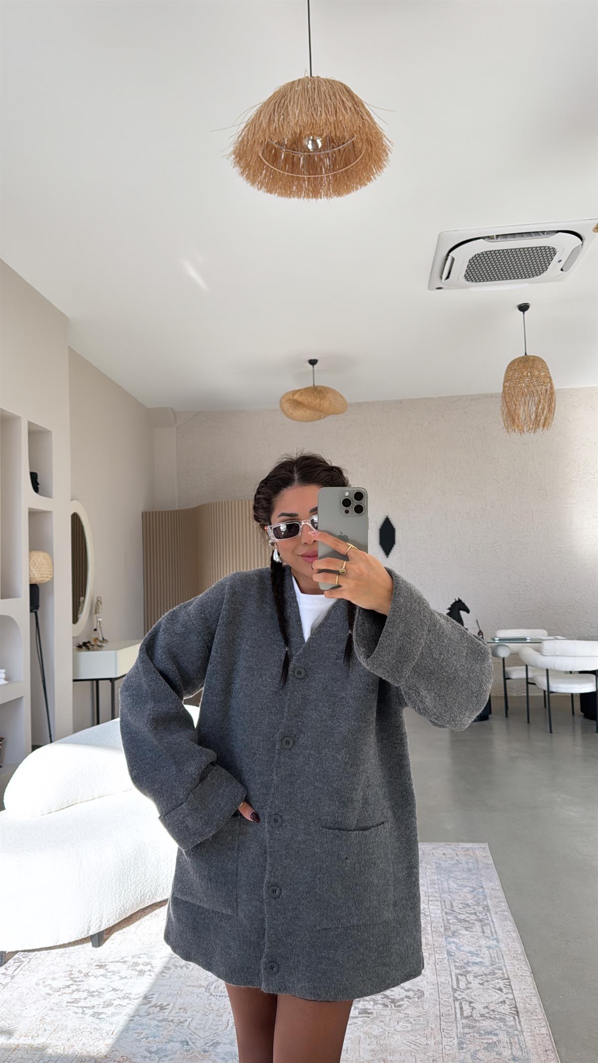 Gri Sık Triko Salaş Ceket Hırka