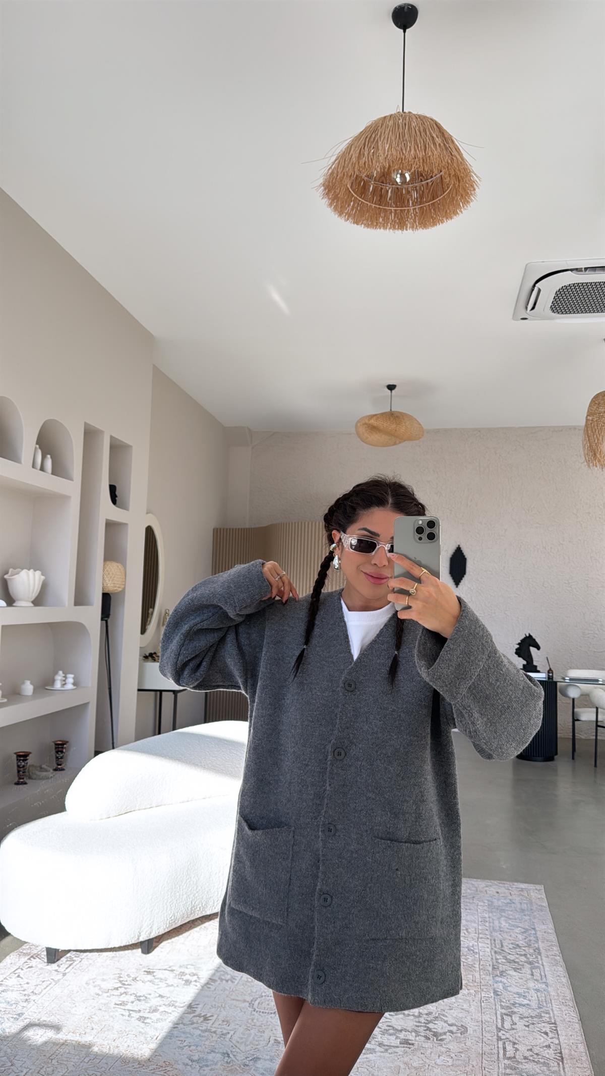 Gri Sık Triko Salaş Ceket Hırka