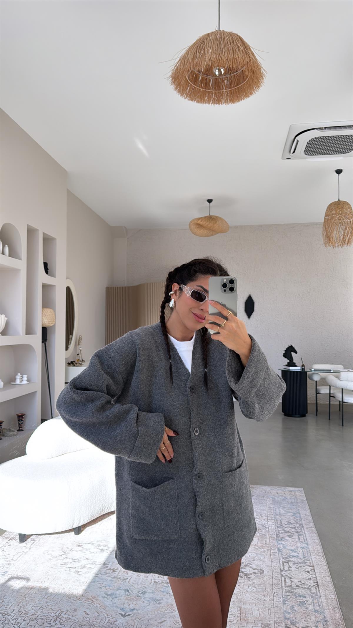 Gri Sık Triko Salaş Ceket Hırka