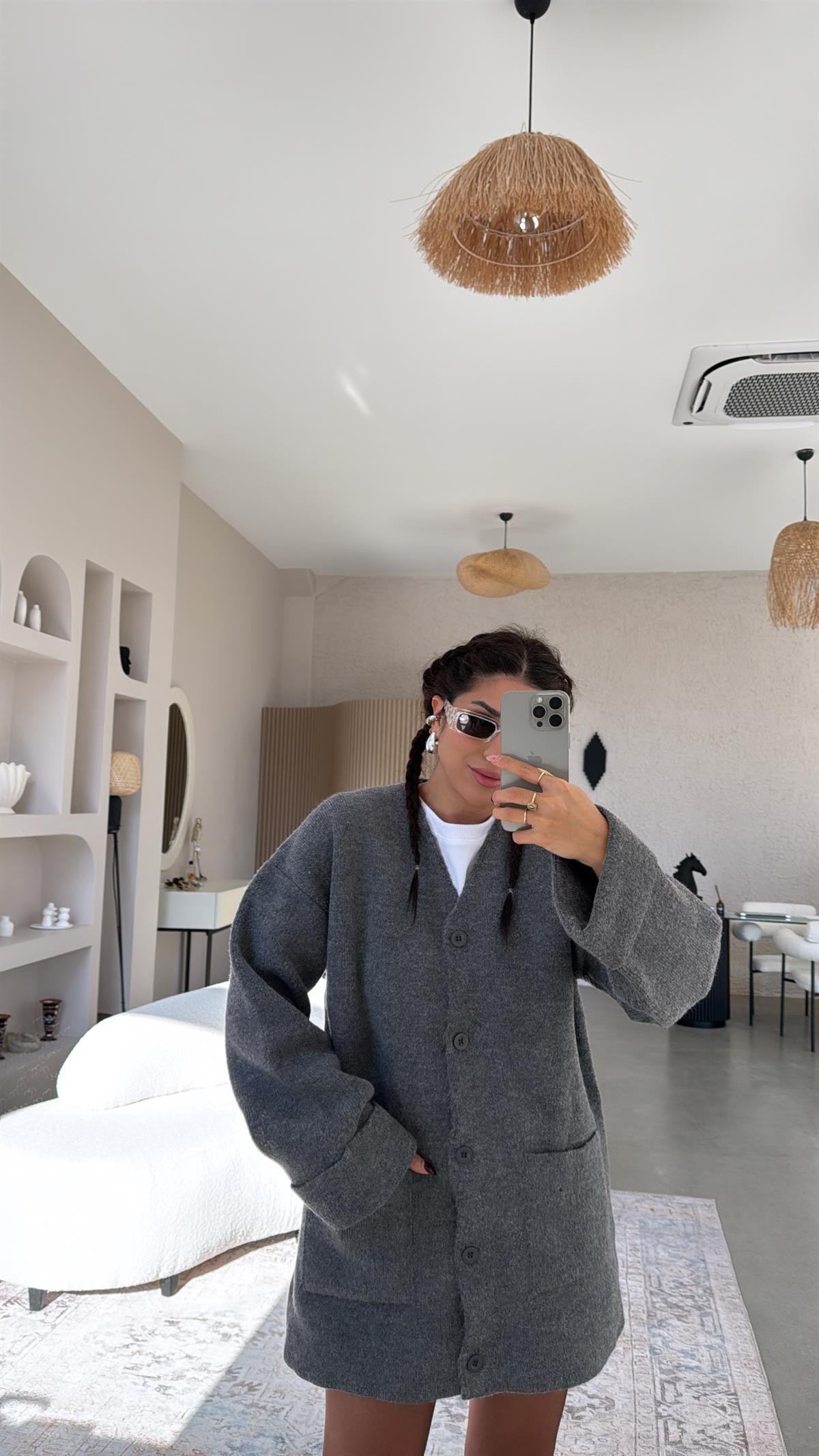 Gri Sık Triko Salaş Ceket Hırka