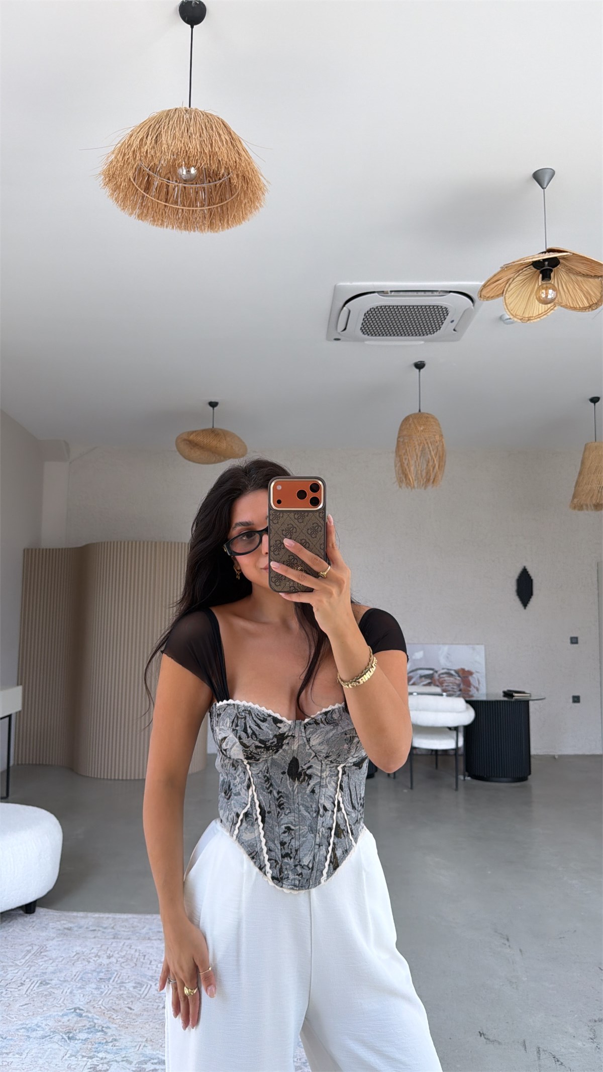 Gri Siyah Desenli Tül Askılı Korse
