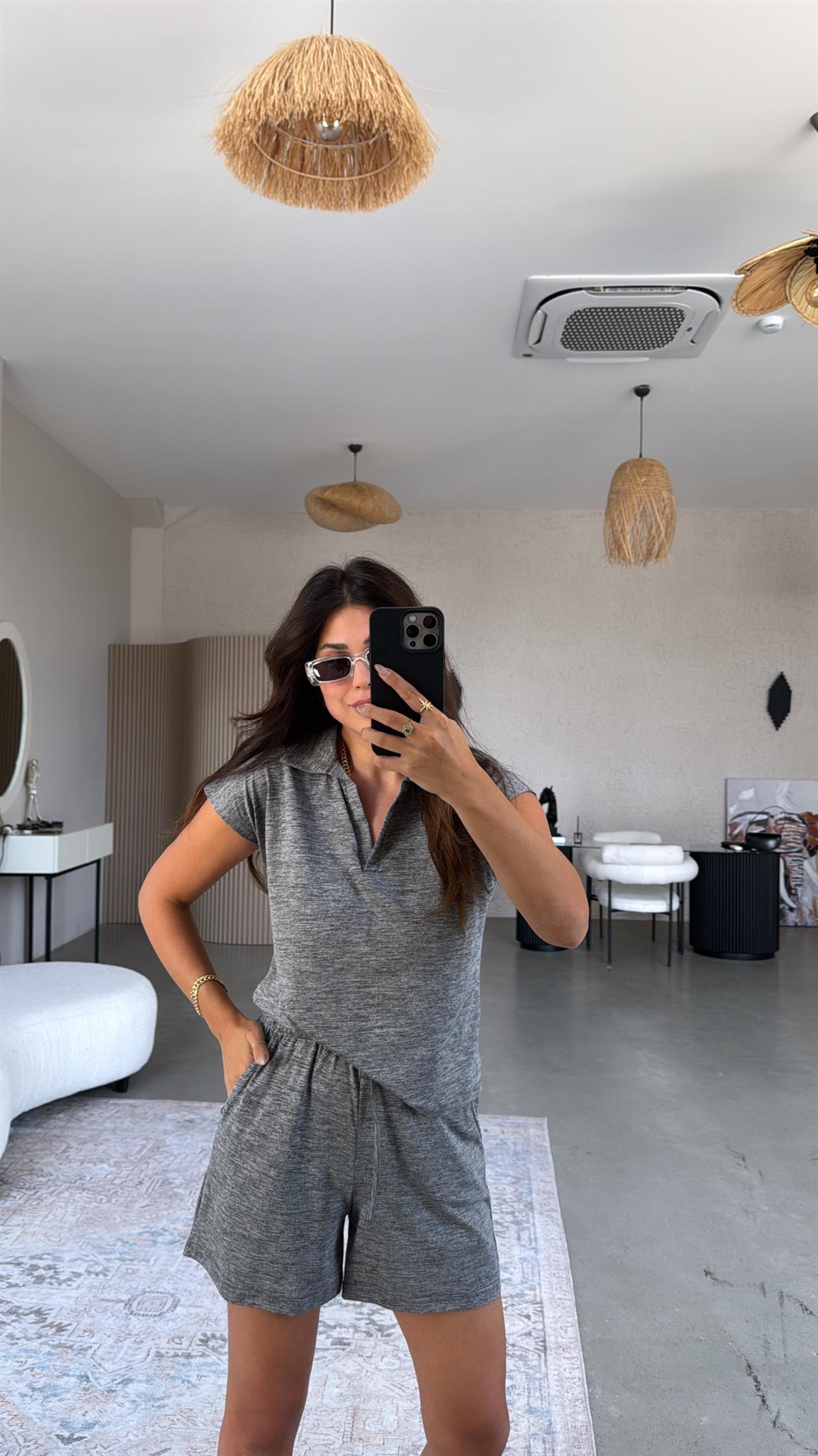 Gri Şortlu Polo Yaka Tshirt Takım