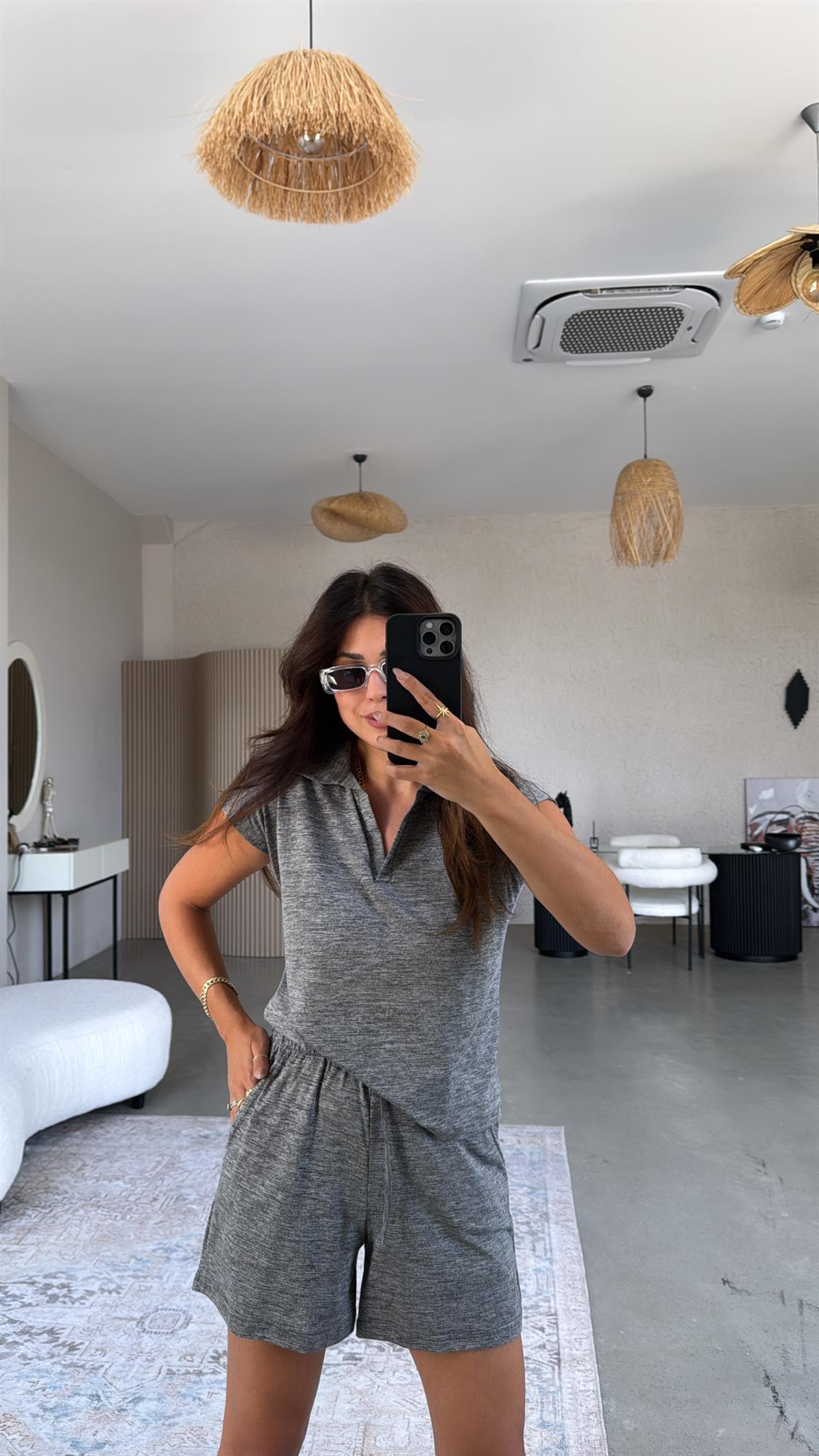 Gri Şortlu Polo Yaka Tshirt Takım