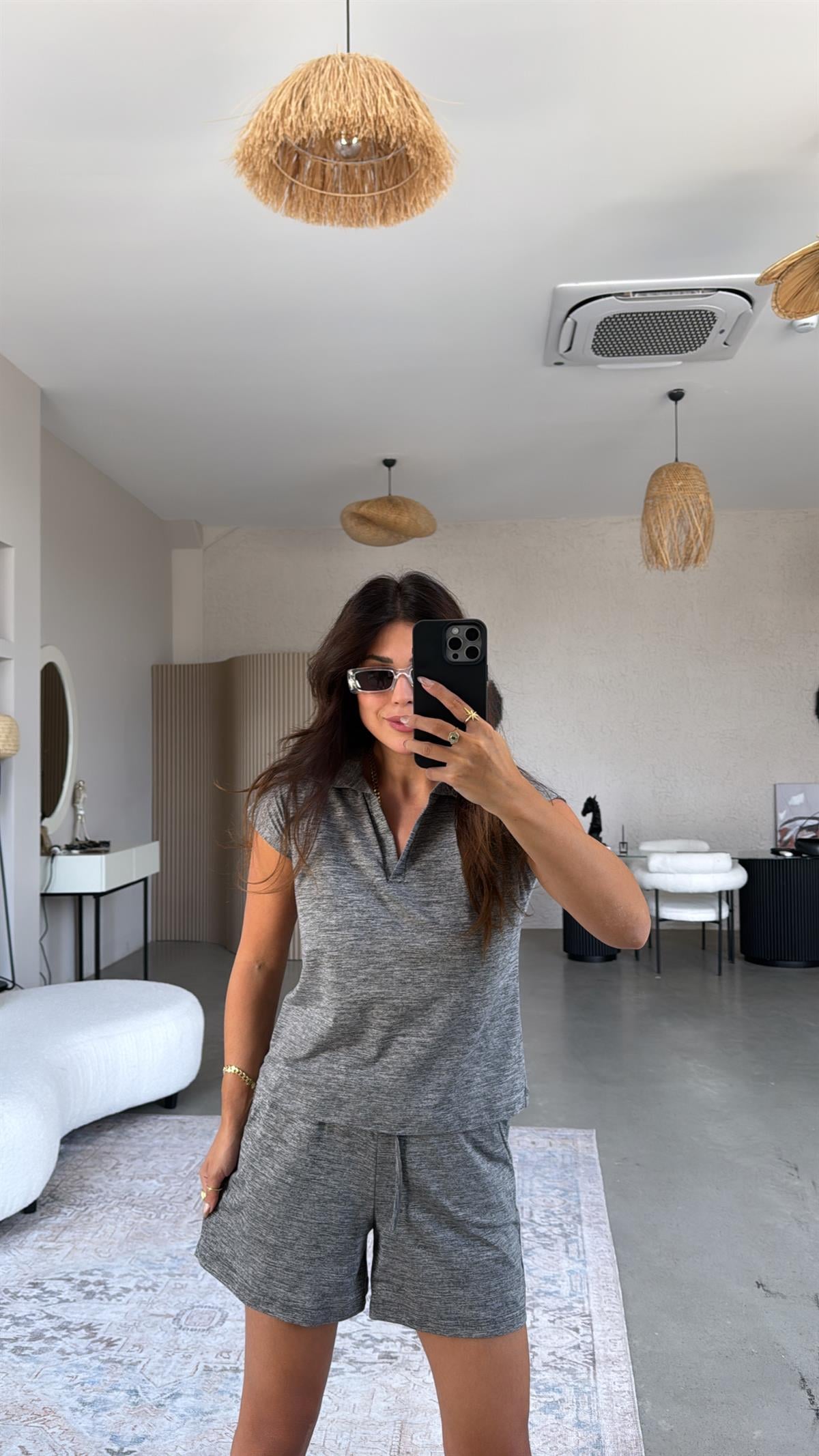 Gri Şortlu Polo Yaka Tshirt Takım