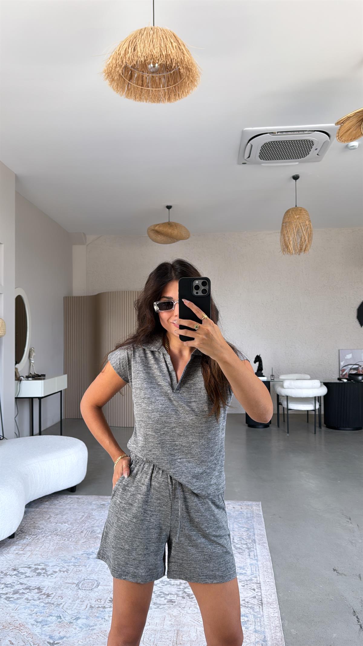 Gri Şortlu Polo Yaka Tshirt Takım