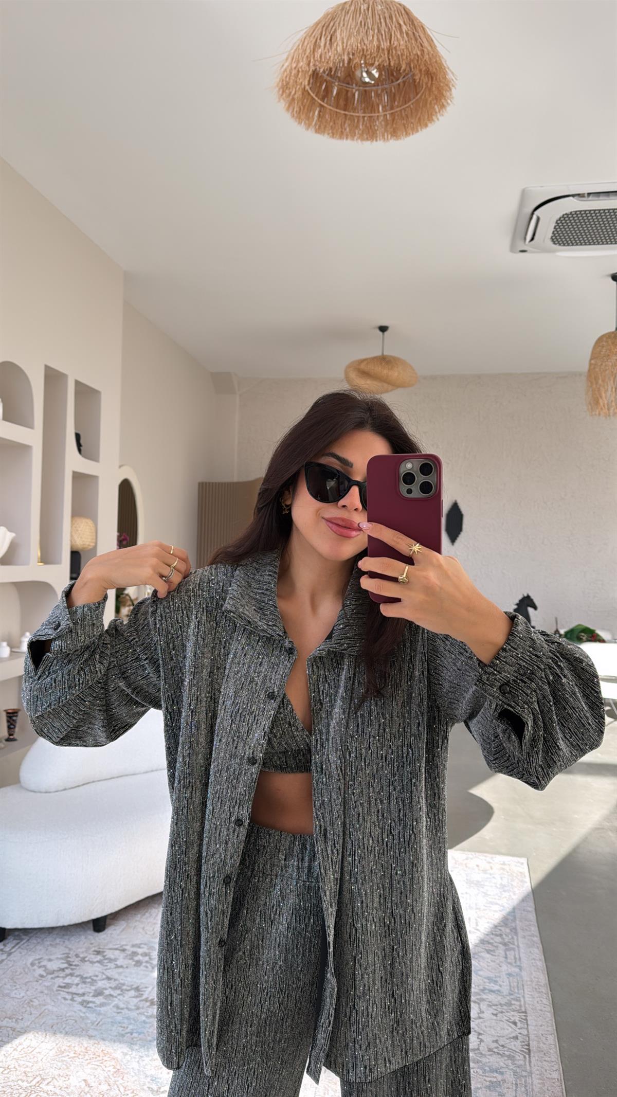 Gri Üçlü Taşlı Takım