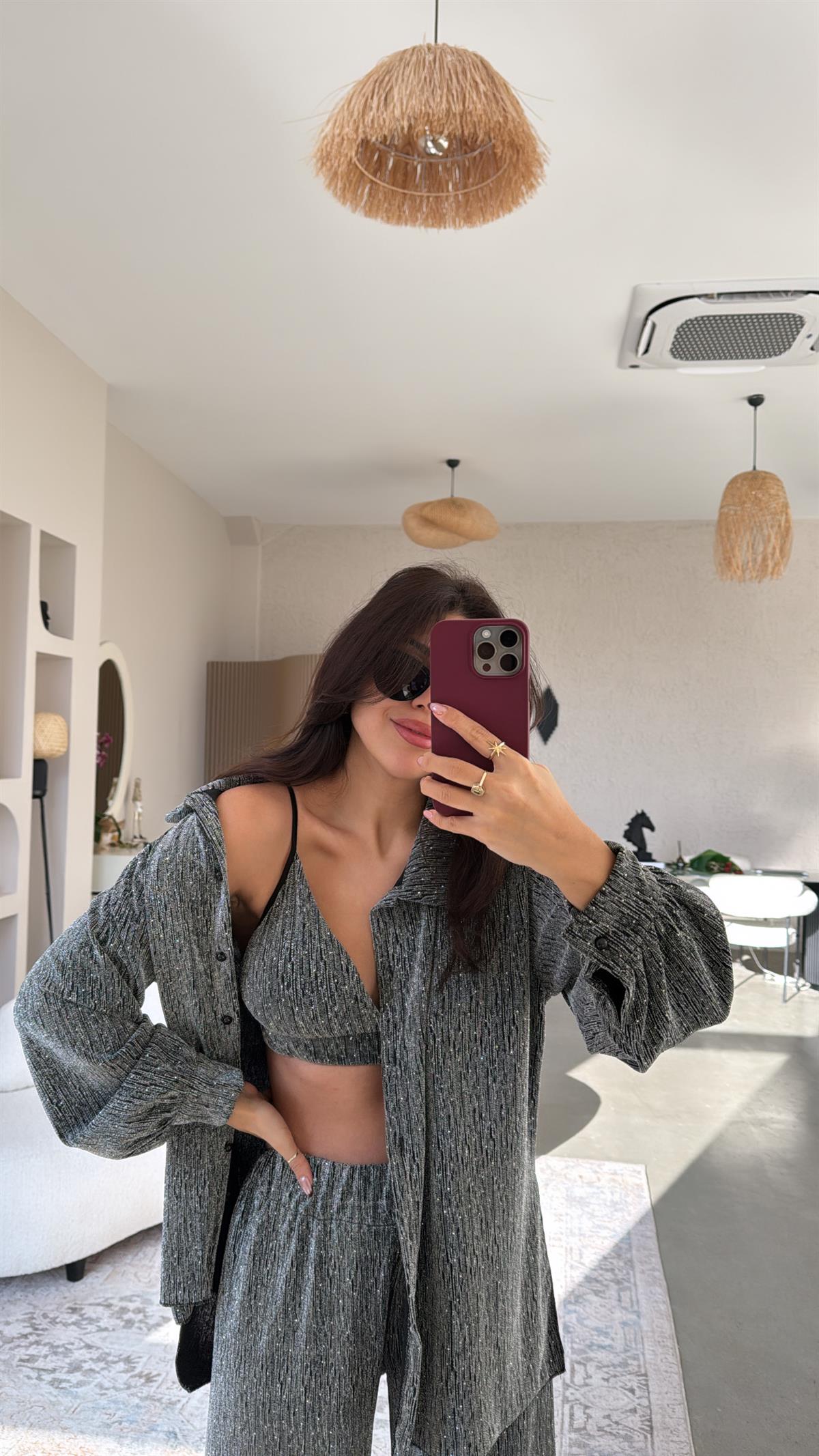 Gri Üçlü Taşlı Takım