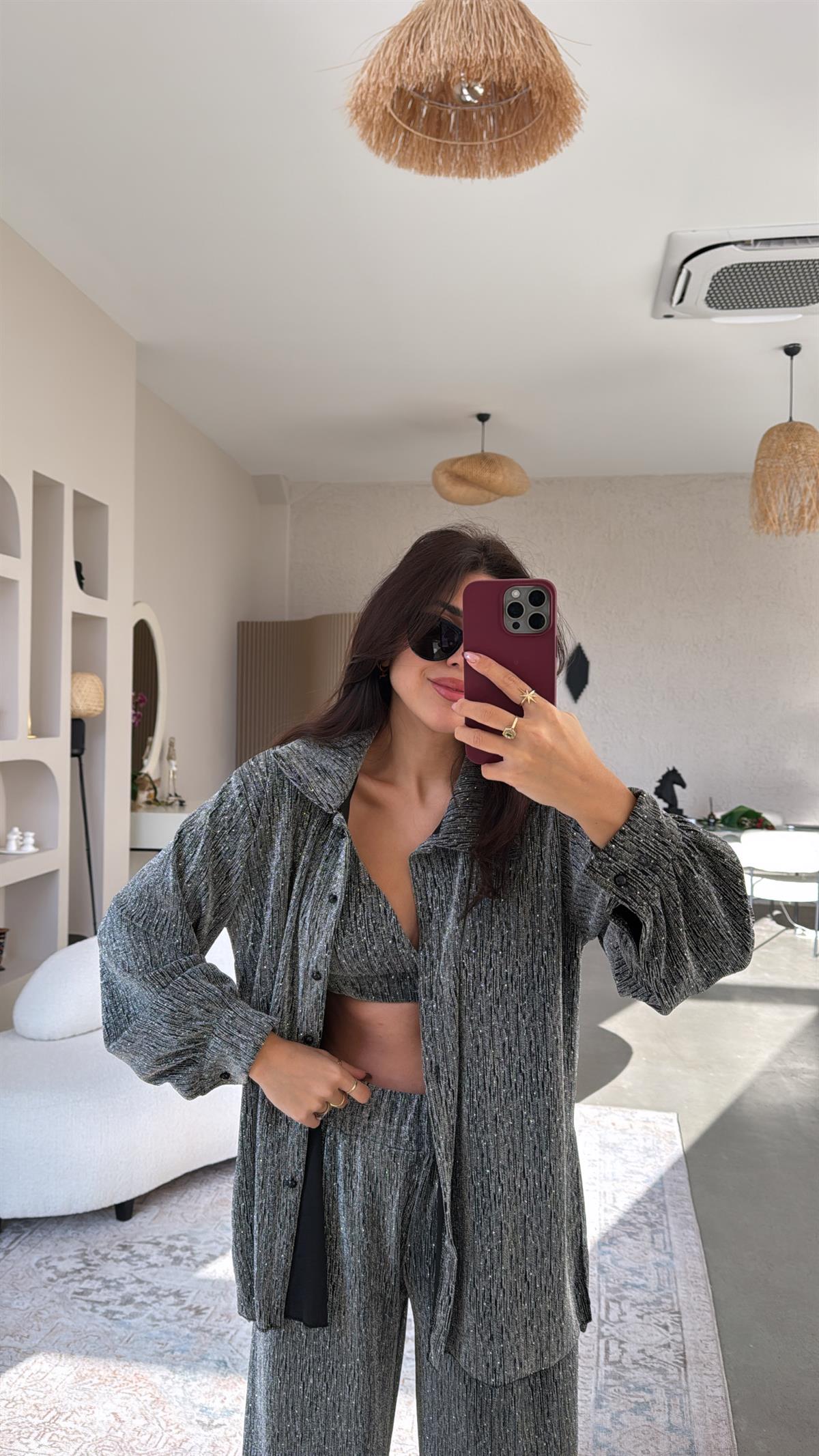 Gri Üçlü Taşlı Takım