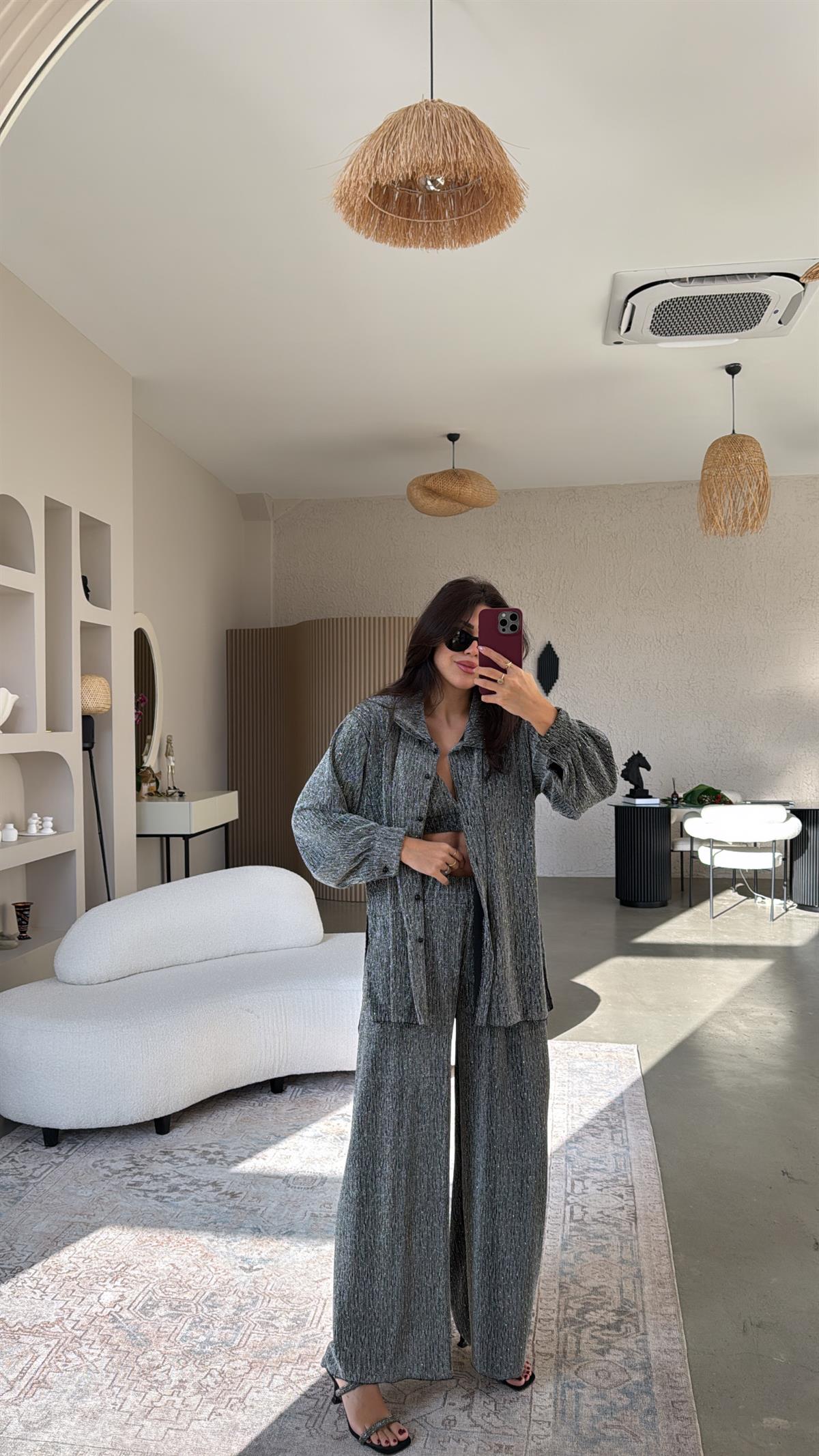 Gri Üçlü Taşlı Takım