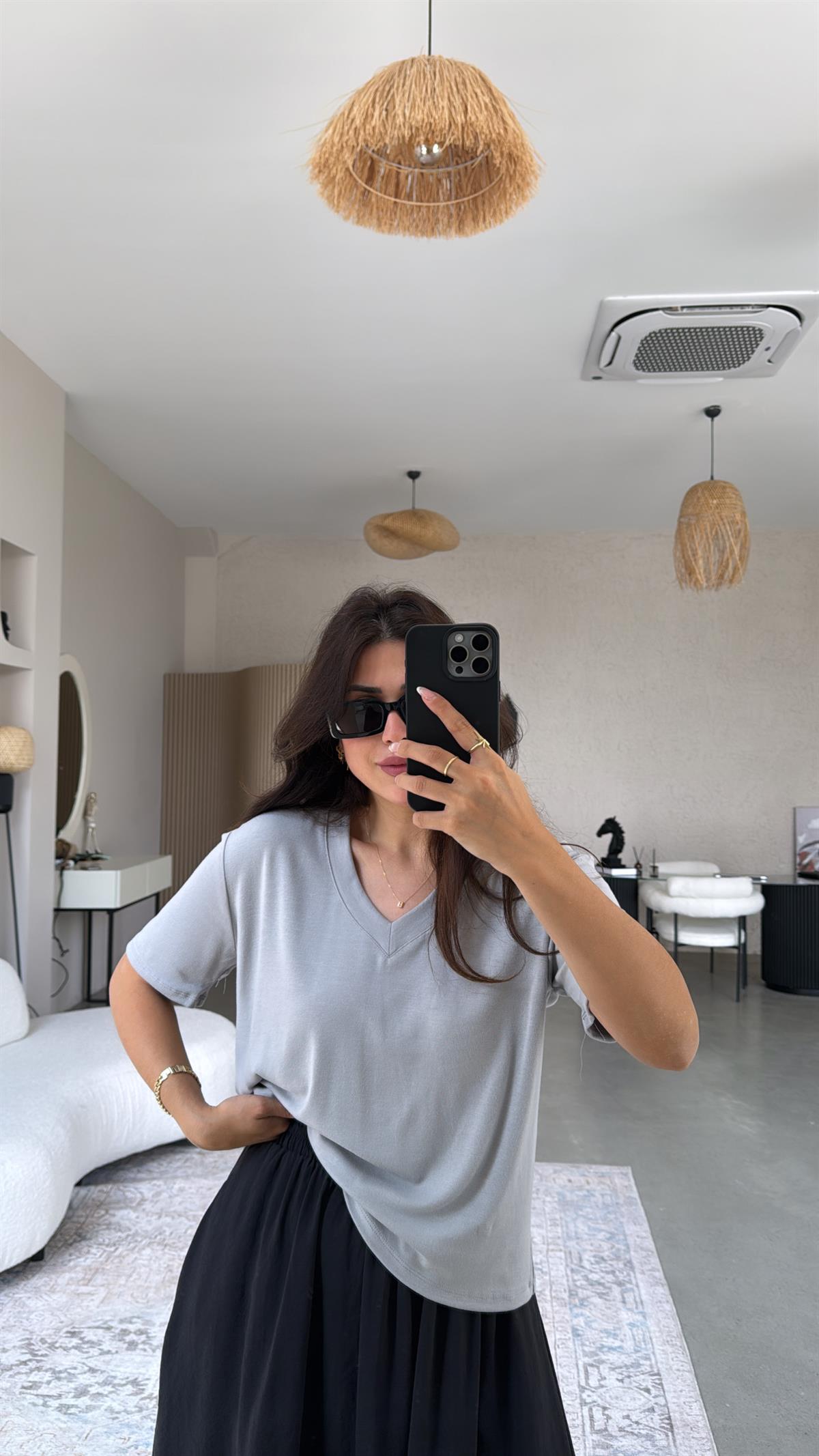 Gri V Yaka Salaş Bluz