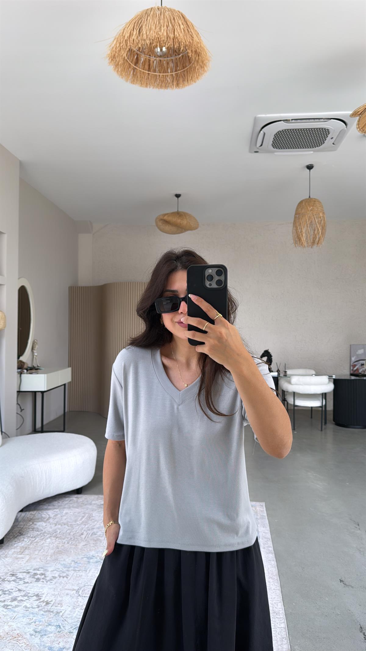 Gri V Yaka Salaş Bluz