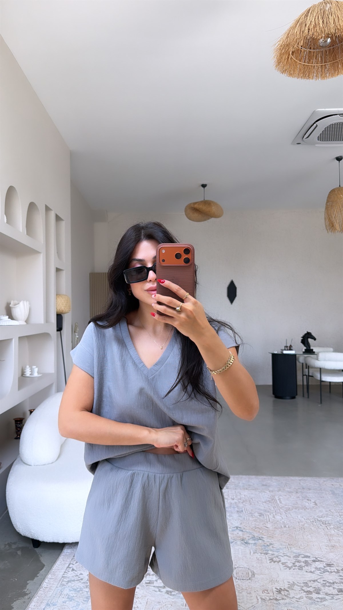 Gri V Yaka Şort Basic Takım