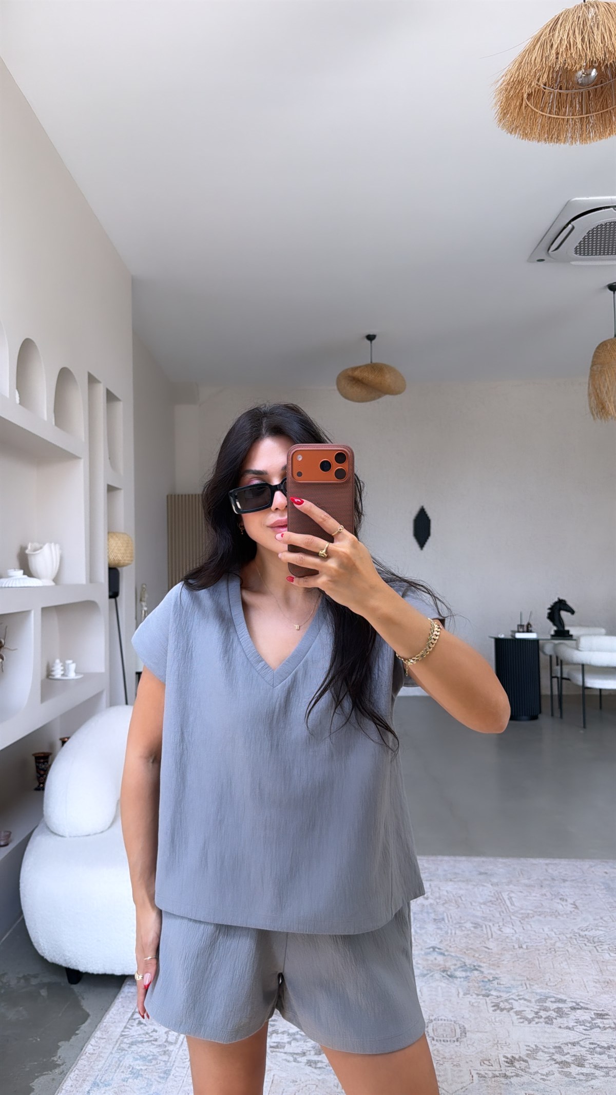 Gri V Yaka Şort Basic Takım