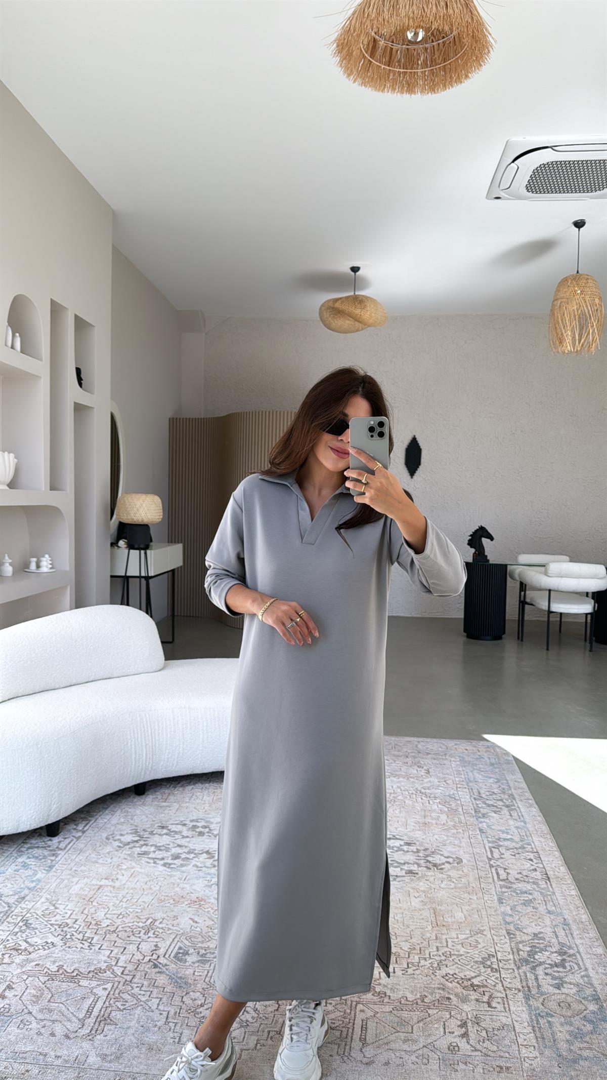 Gri Yakalı Modal Elbise