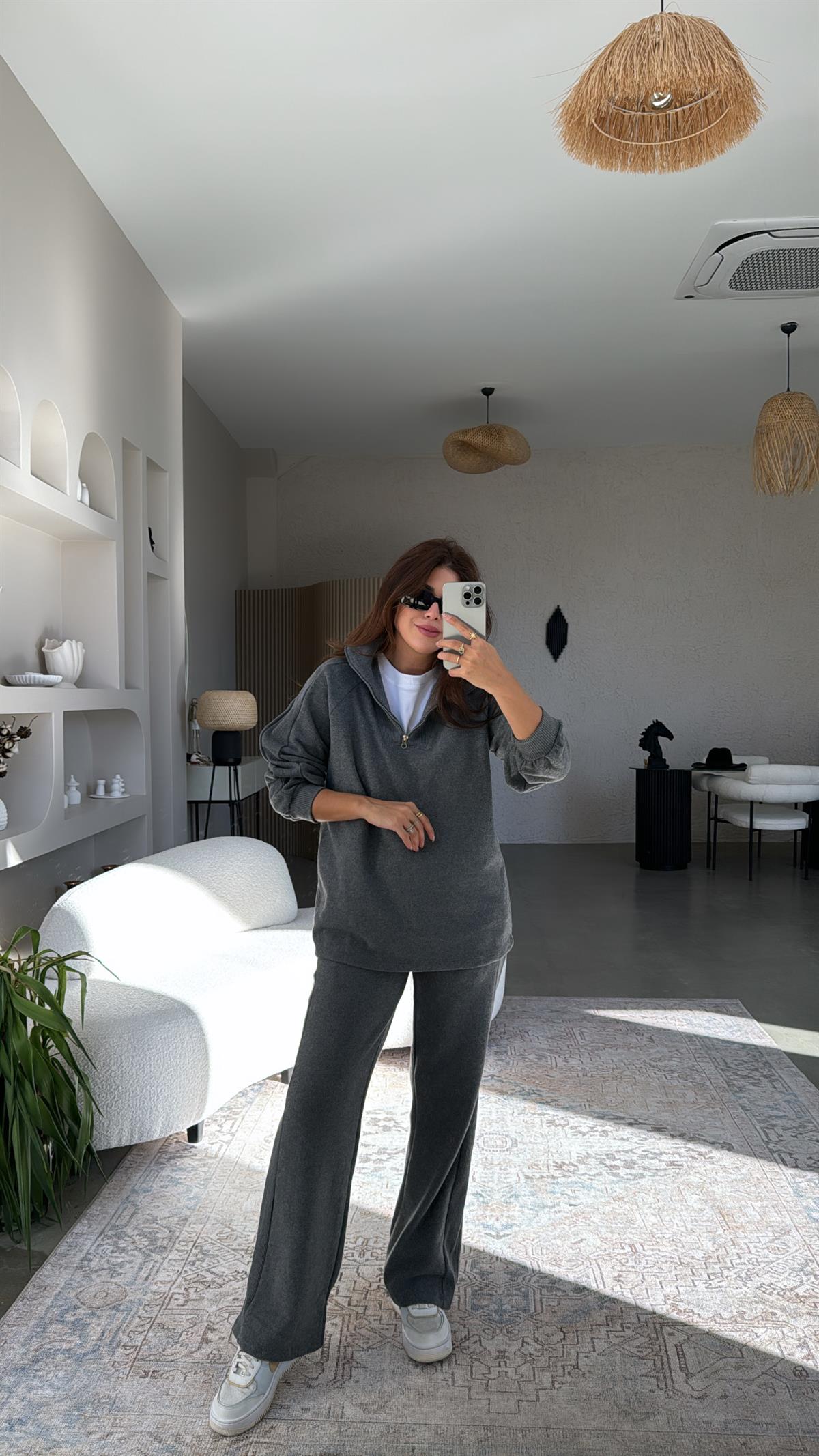 Gri Yakası Fermuarlı Triko Takım