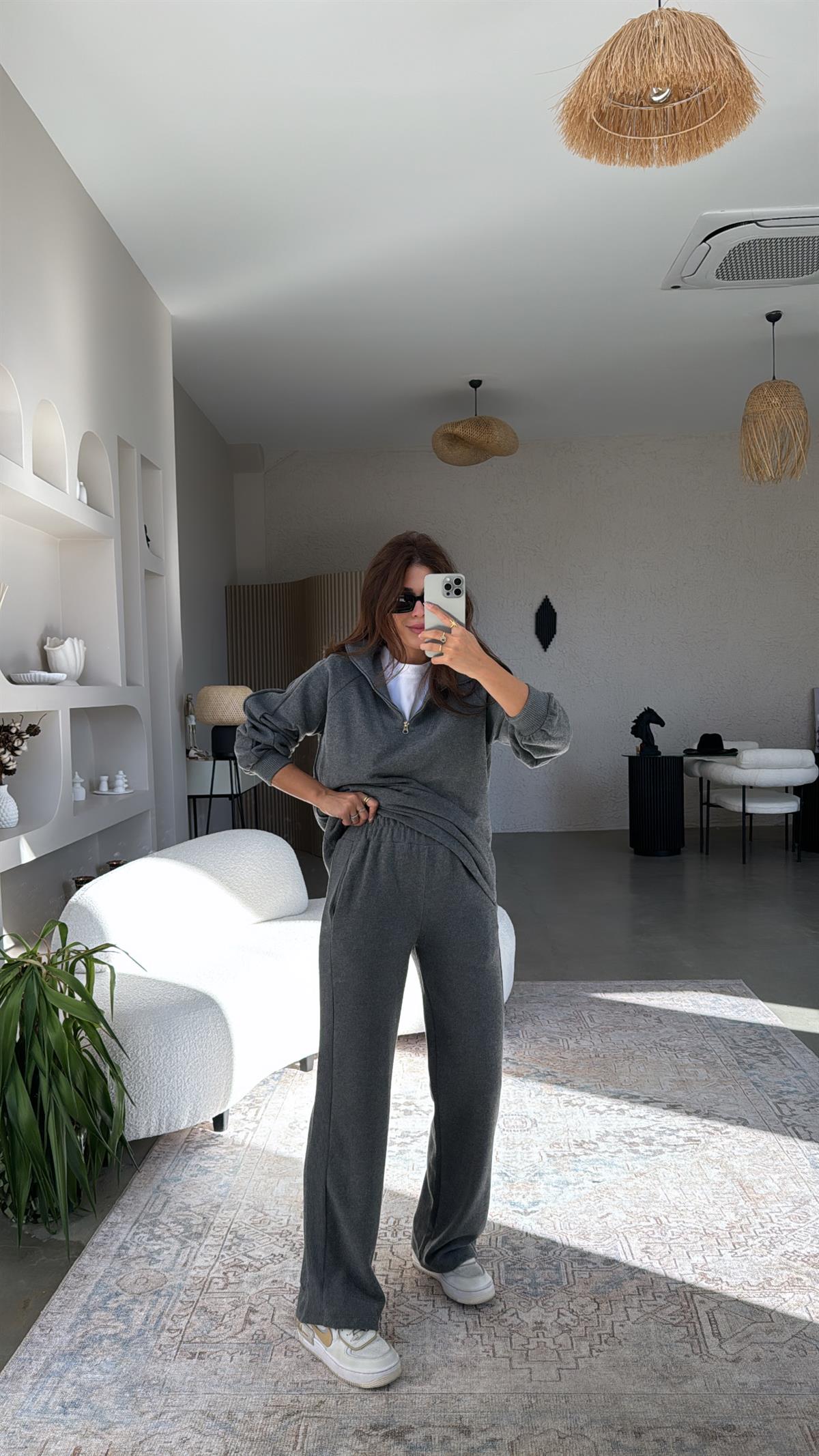 Gri Yakası Fermuarlı Triko Takım