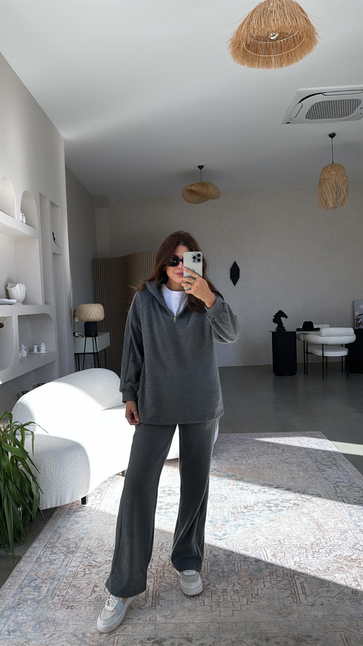 Gri Yakası Fermuarlı Triko Takım