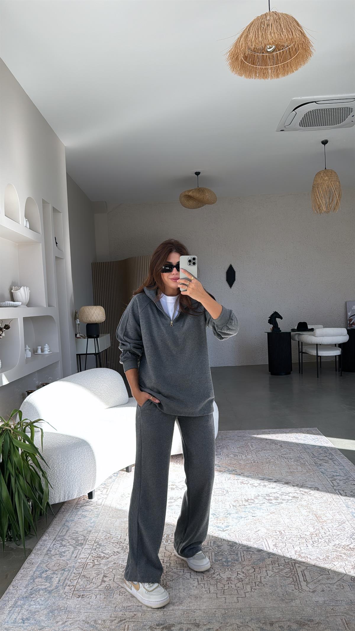 Gri Yakası Fermuarlı Triko Takım