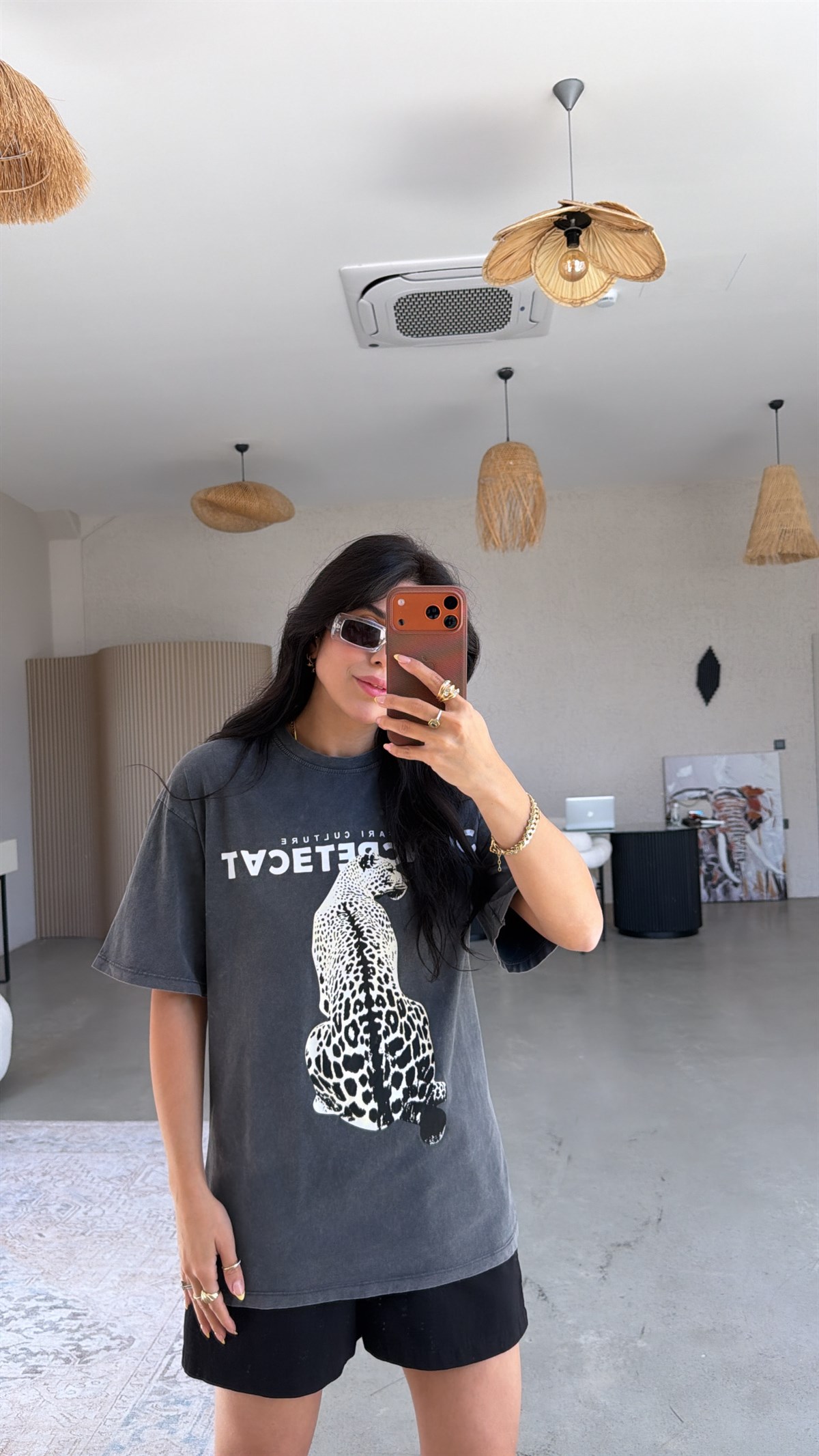 Gri Yıkamalı Animal Baskılı Tshirt