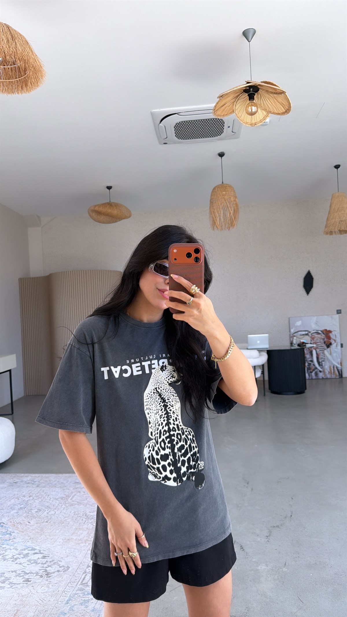 Gri Yıkamalı Animal Baskılı Tshirt