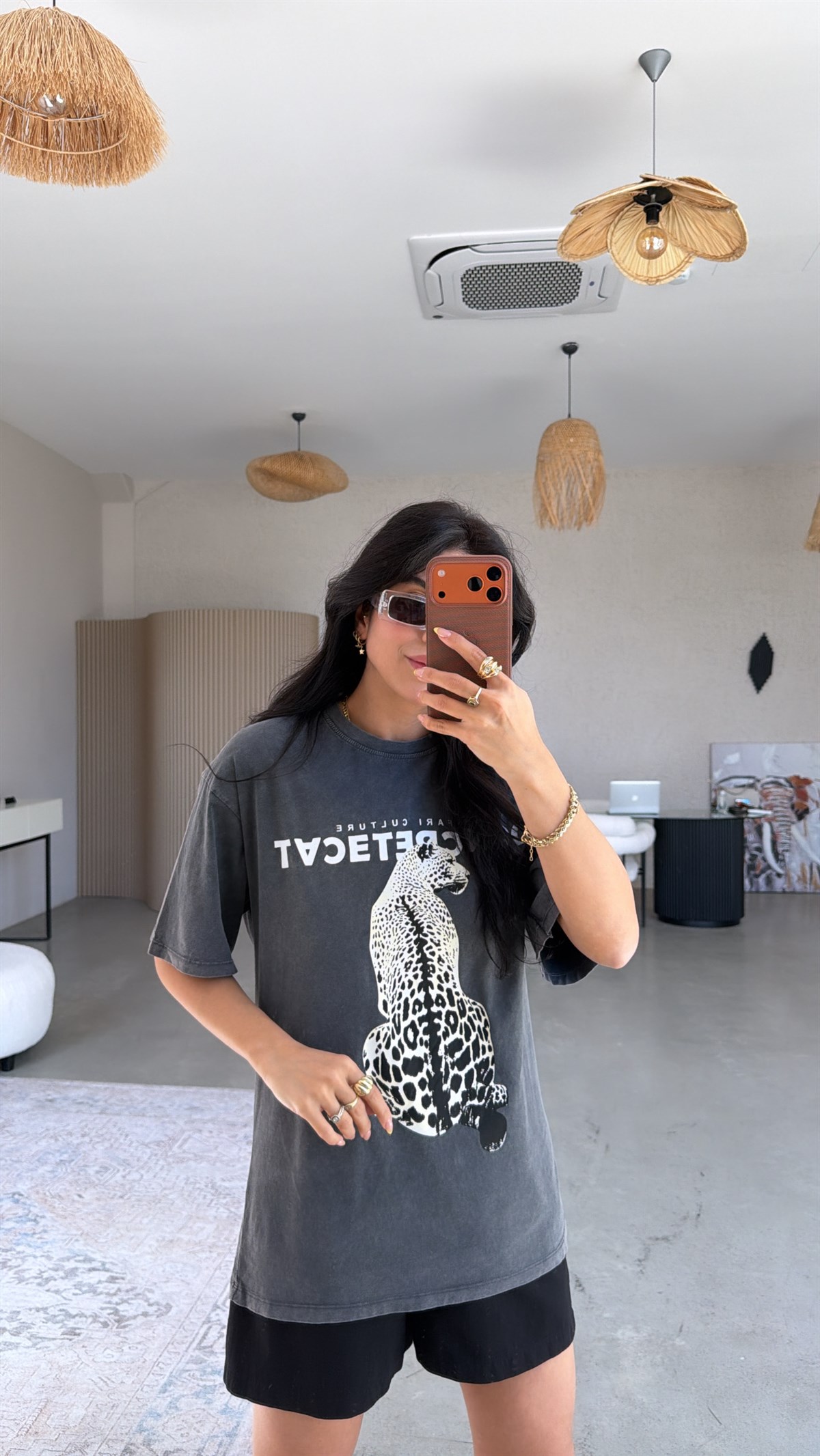 Gri Yıkamalı Animal Baskılı Tshirt