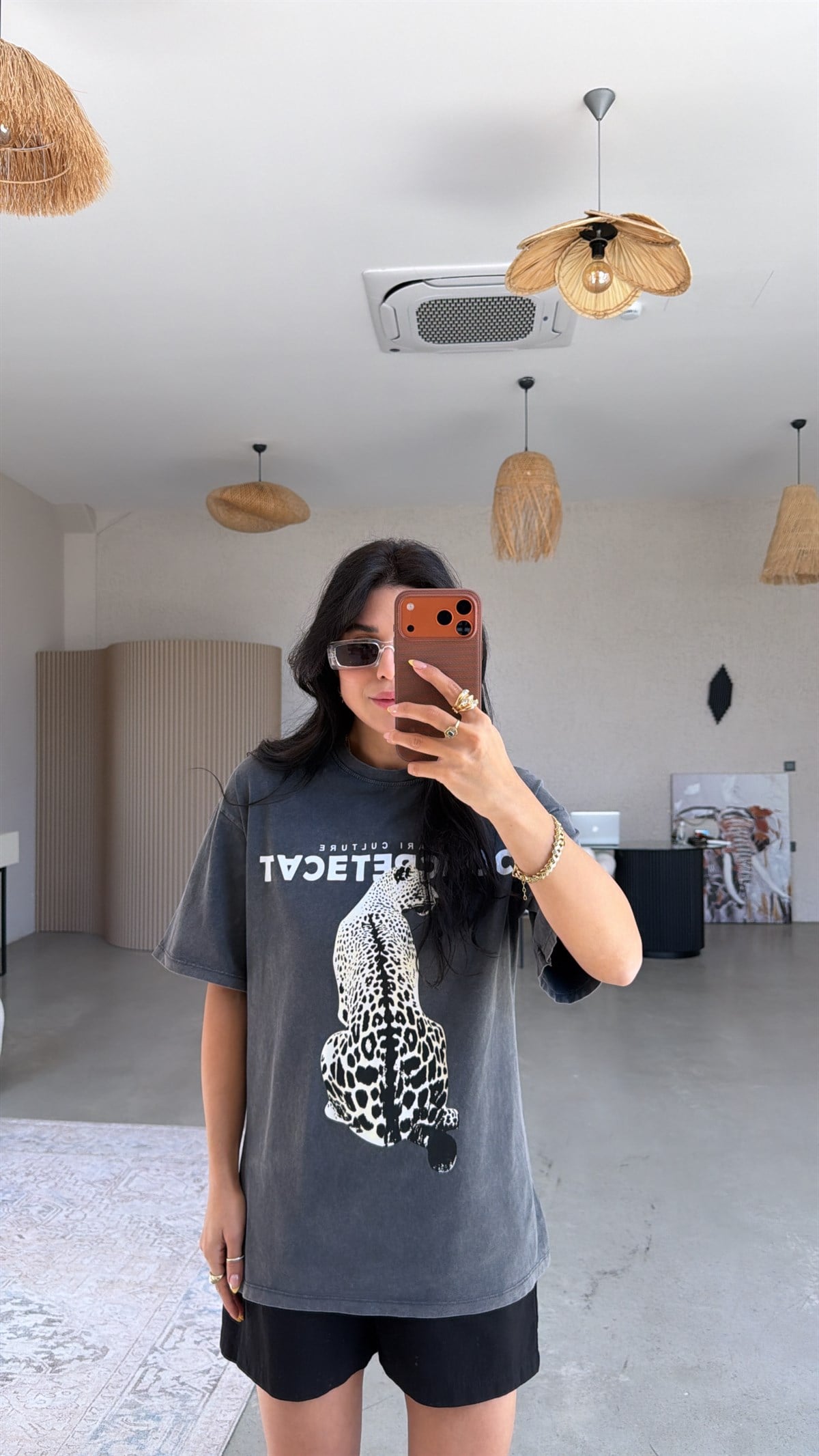 Gri Yıkamalı Animal Baskılı Tshirt