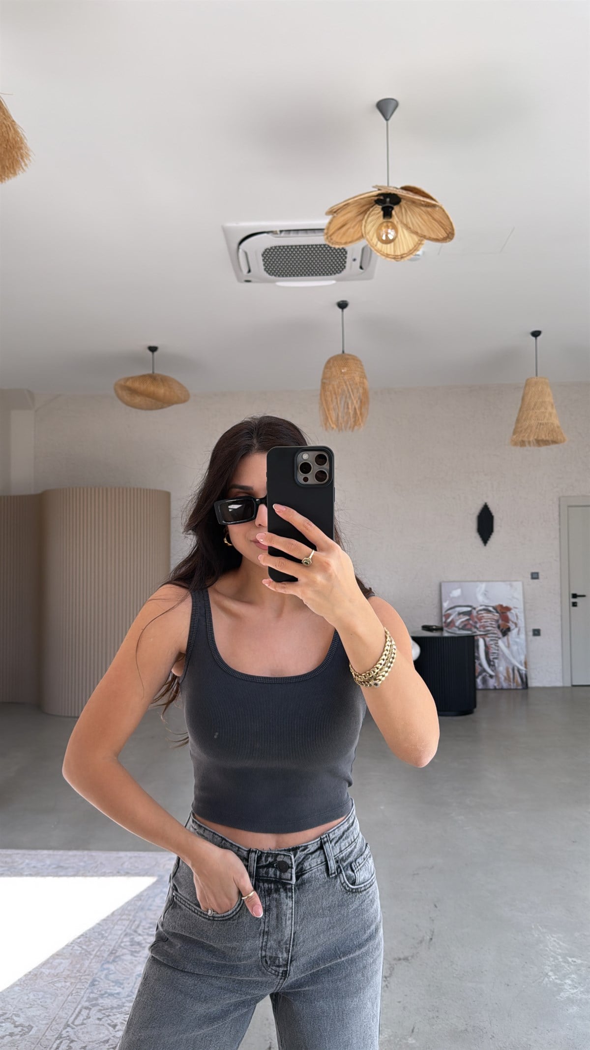 Gri Yıkamalı Crop Fitilli Pamuk Atlet