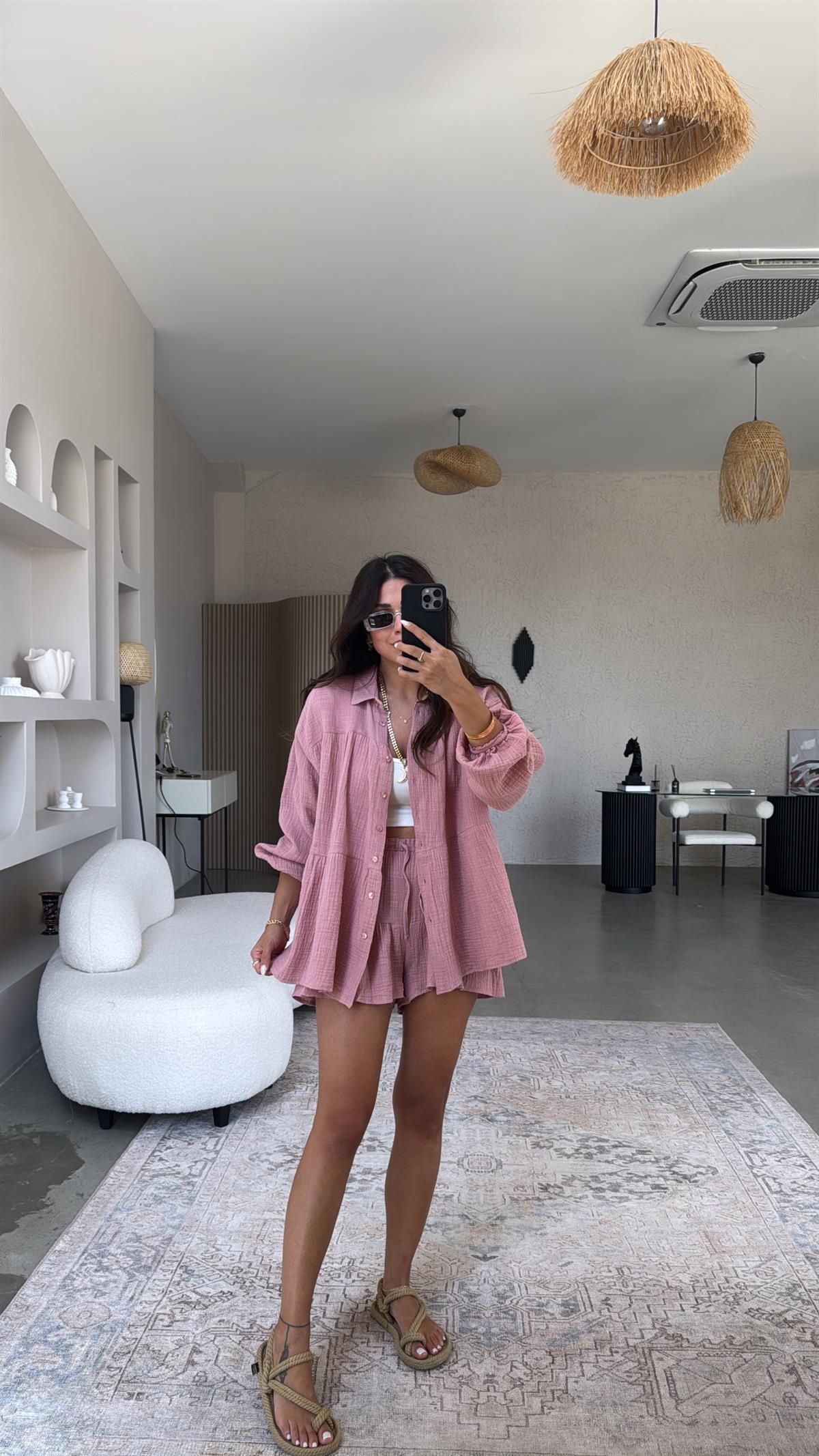 Gülkurusu Müslin Gömlek Şort Takım