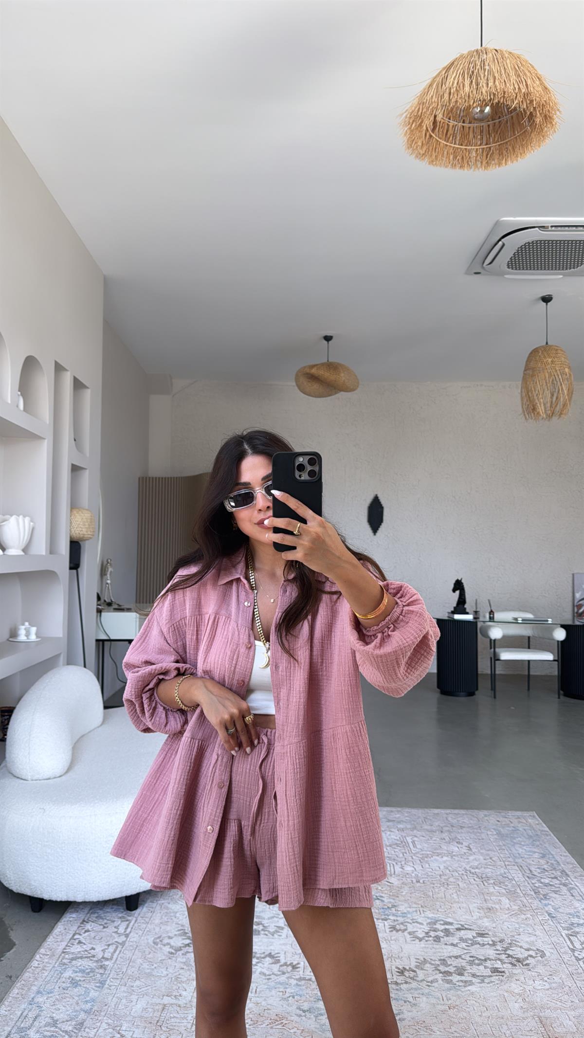 Gülkurusu Müslin Gömlek Şort Takım