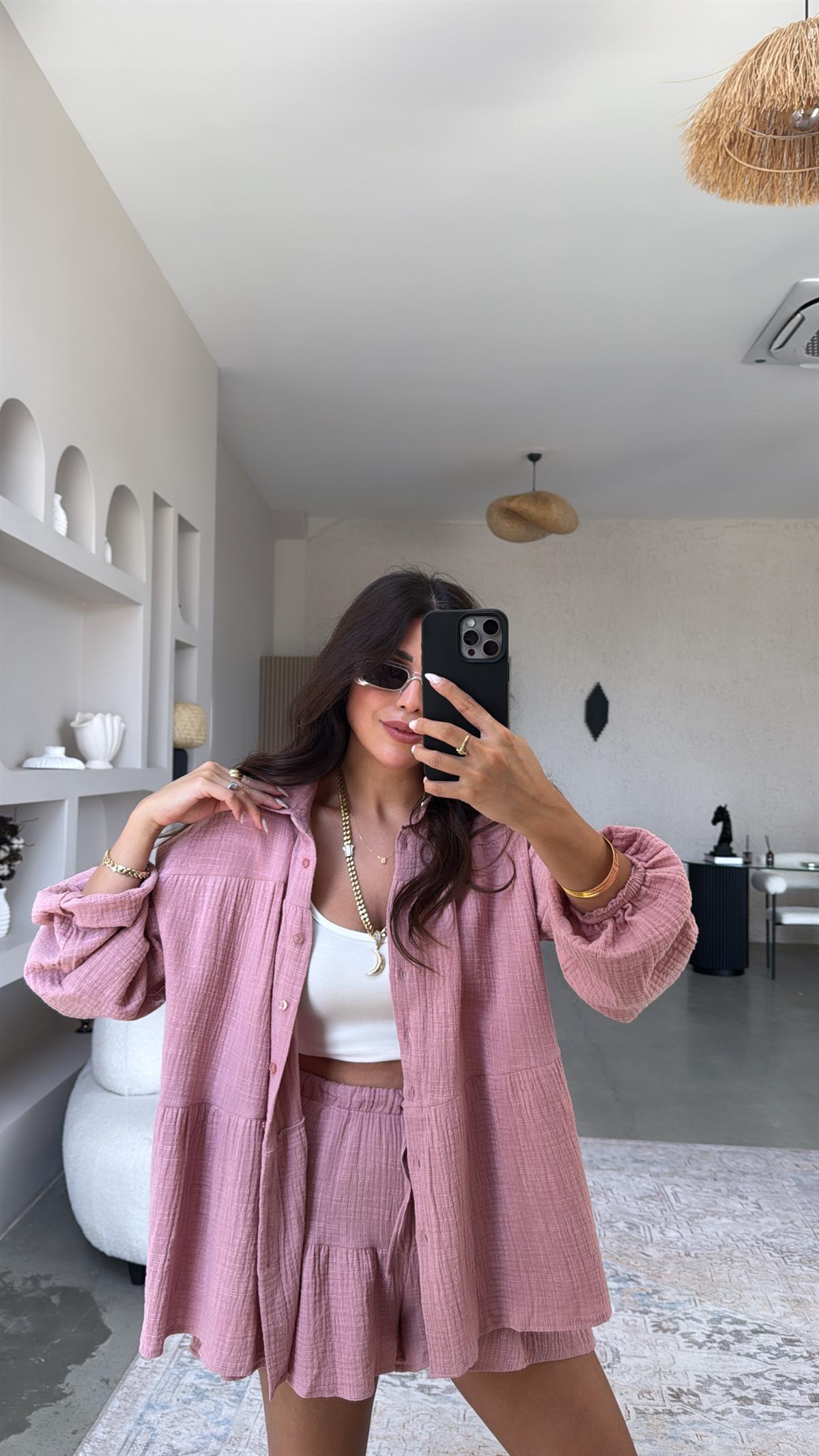 Gülkurusu Müslin Gömlek Şort Takım