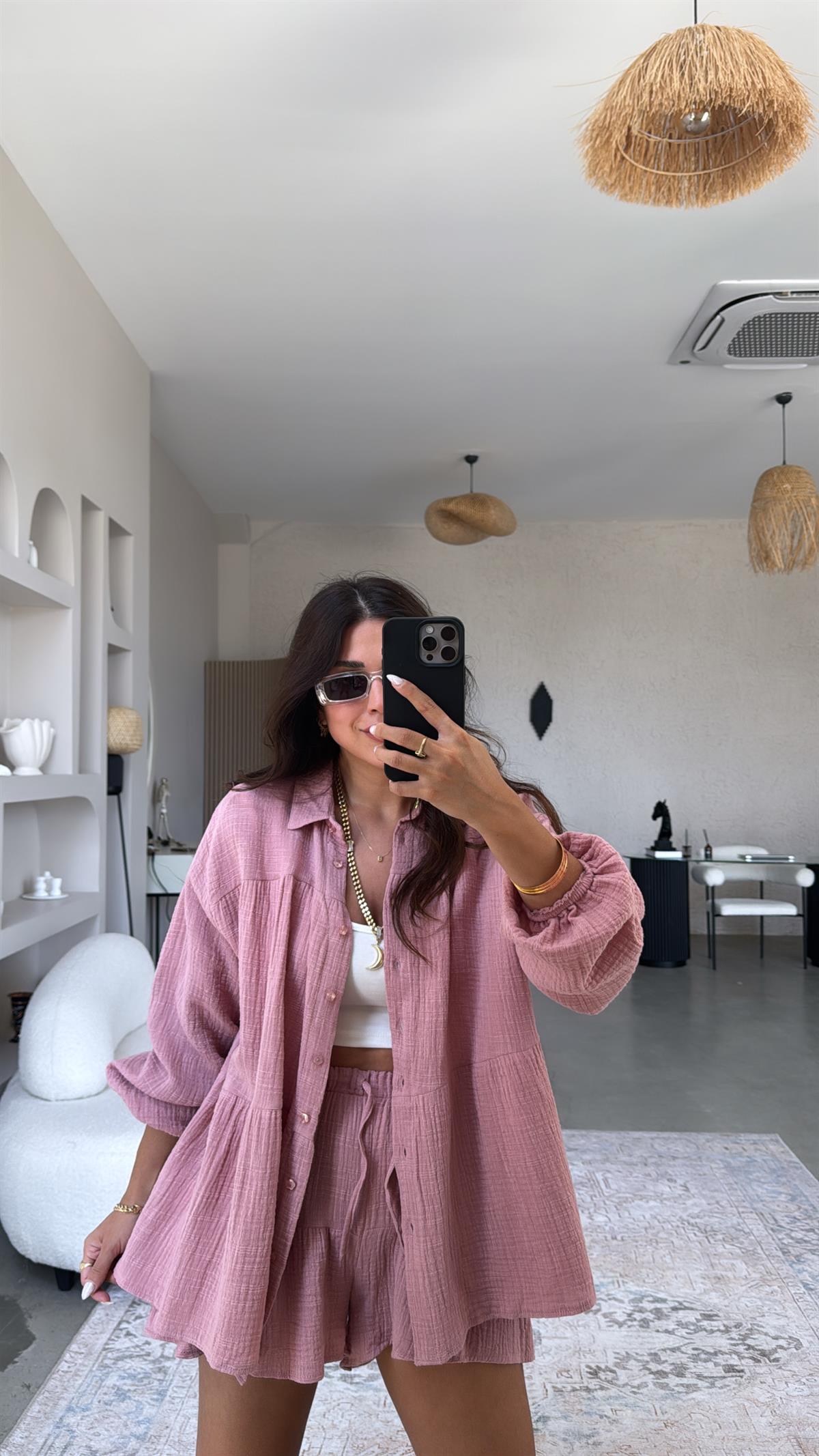 Gülkurusu Müslin Gömlek Şort Takım