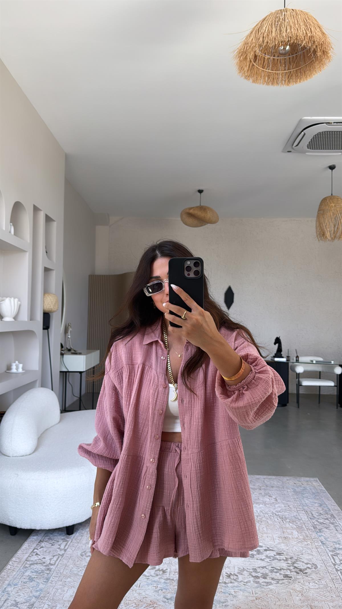 Gülkurusu Müslin Gömlek Şort Takım