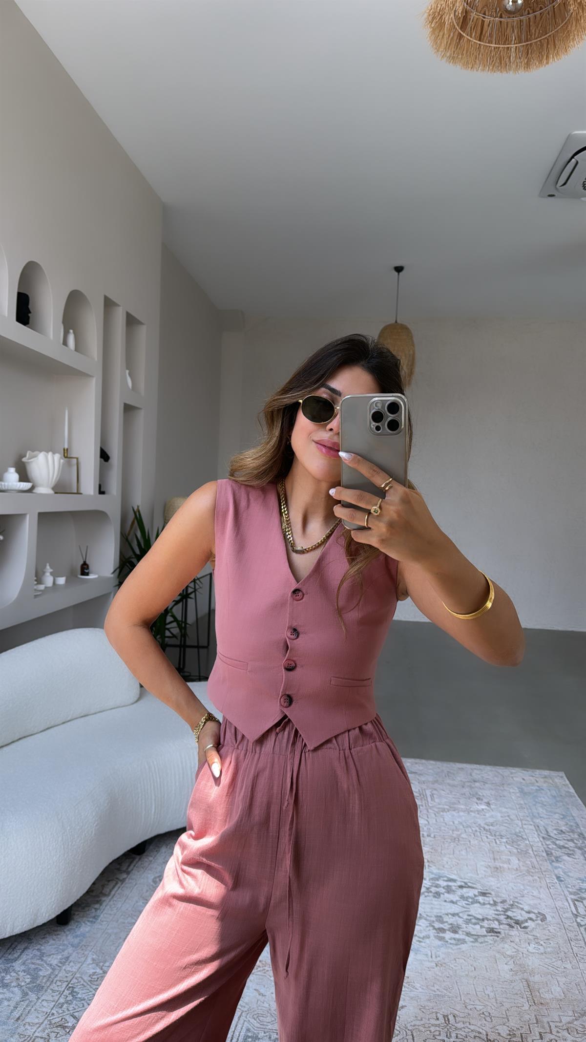 Gülkurusu ZR Yelekli Keten Takım