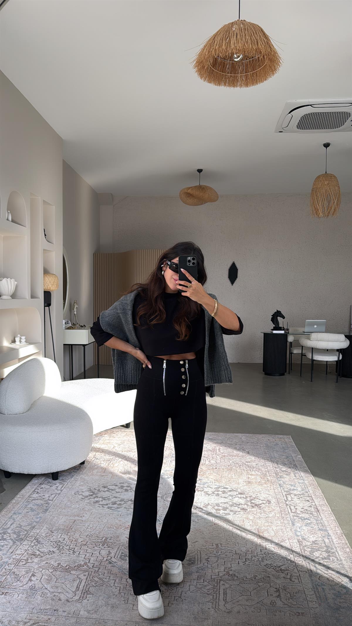 Gümüş Aksesuarlı Fermuarlı Push Up Çelik Tayt Pantolon