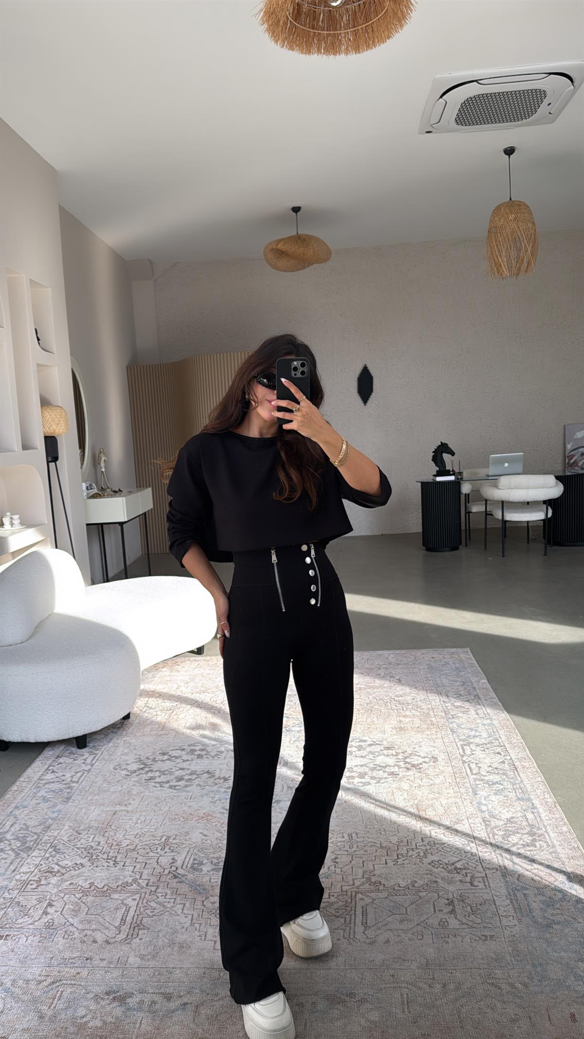 Gümüş Aksesuarlı Fermuarlı Push Up Çelik Tayt Pantolon