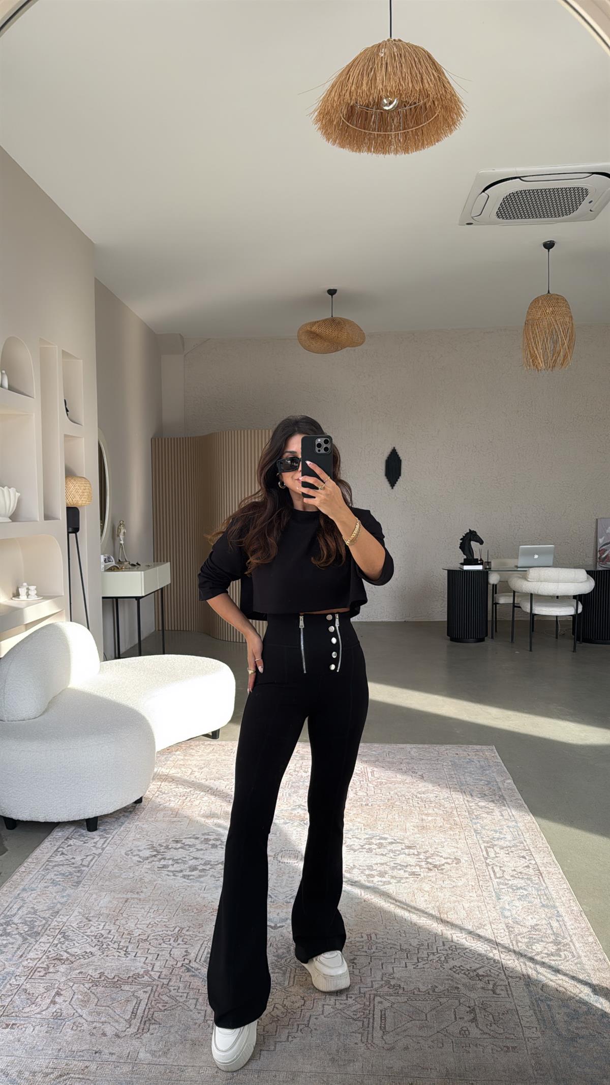 Gümüş Aksesuarlı Fermuarlı Push Up Çelik Tayt Pantolon