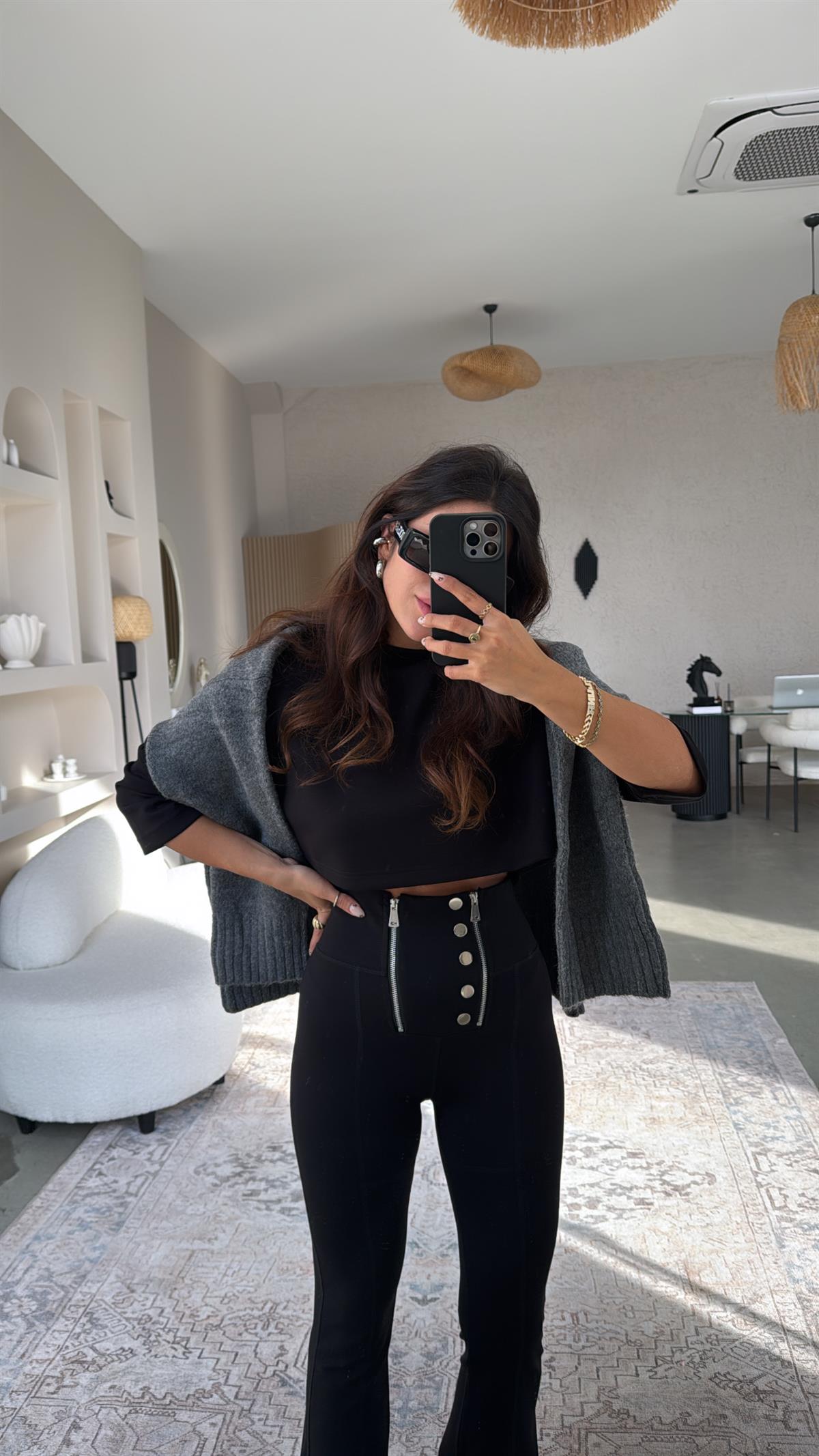 Gümüş Aksesuarlı Fermuarlı Push Up Çelik Tayt Pantolon