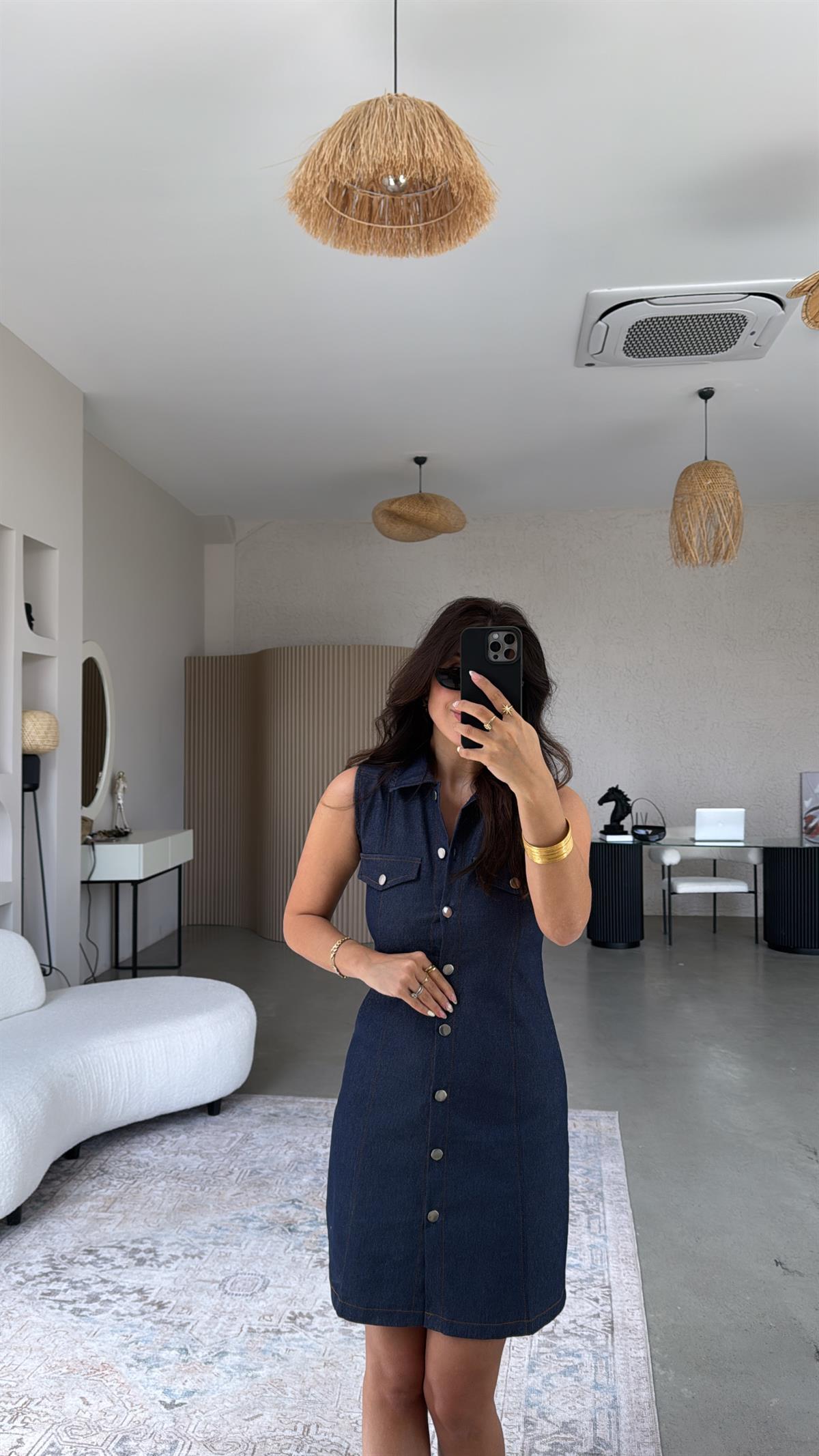 Gümüş Düğmeli Likralı Yakalı Denim Elbise