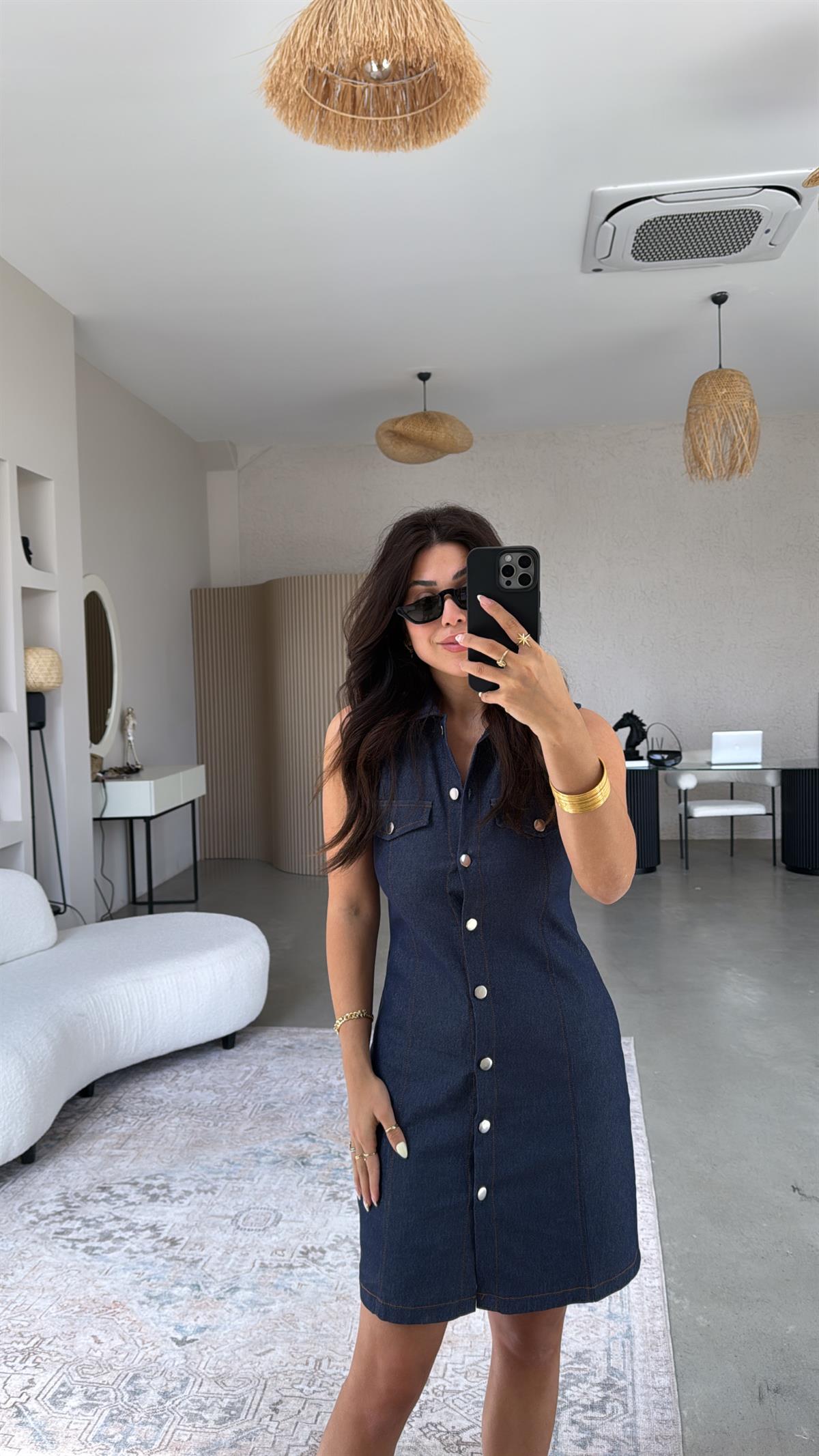 Gümüş Düğmeli Likralı Yakalı Denim Elbise