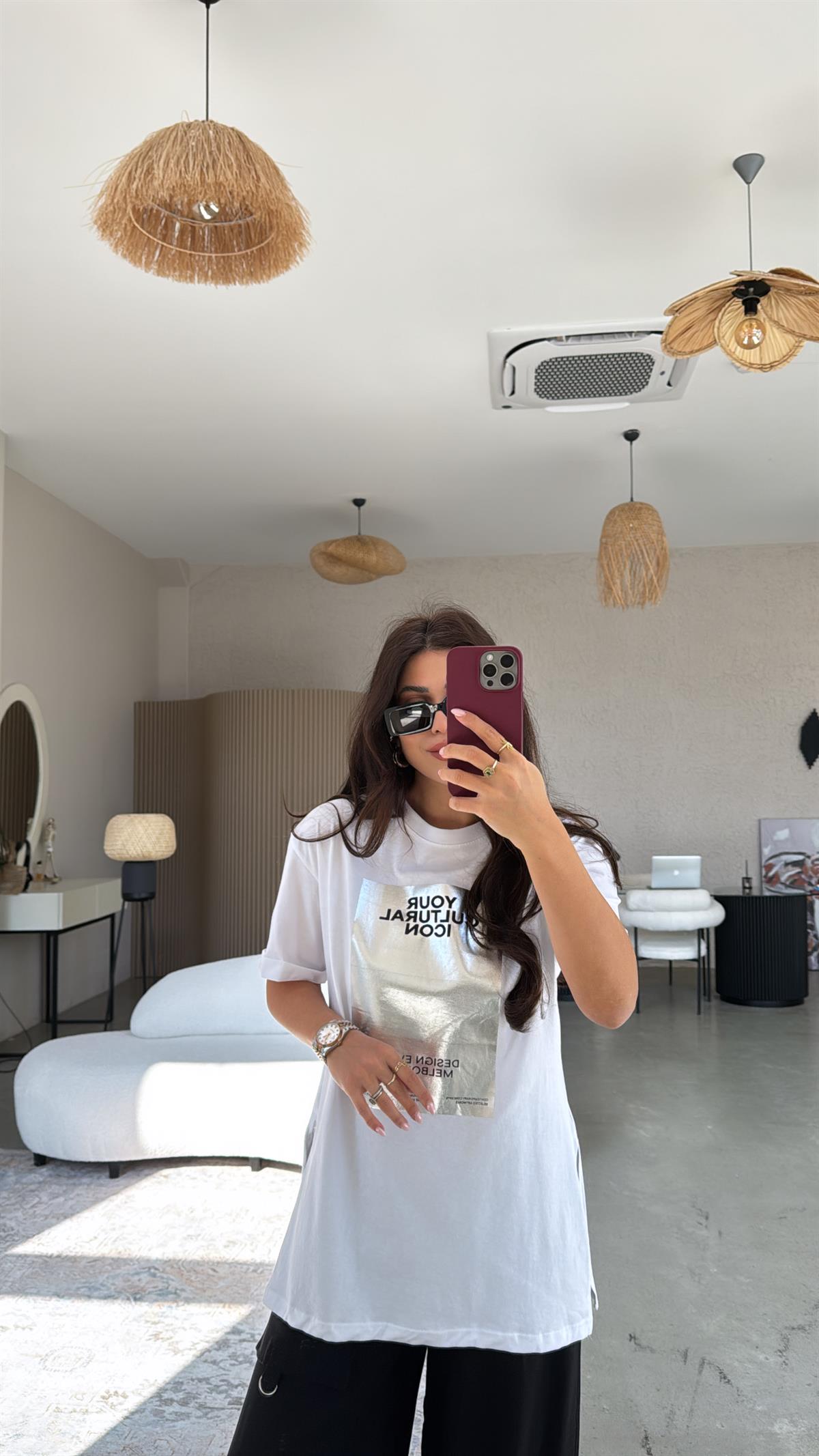 Gümüş Parlak Icon Baskılı Tshirt