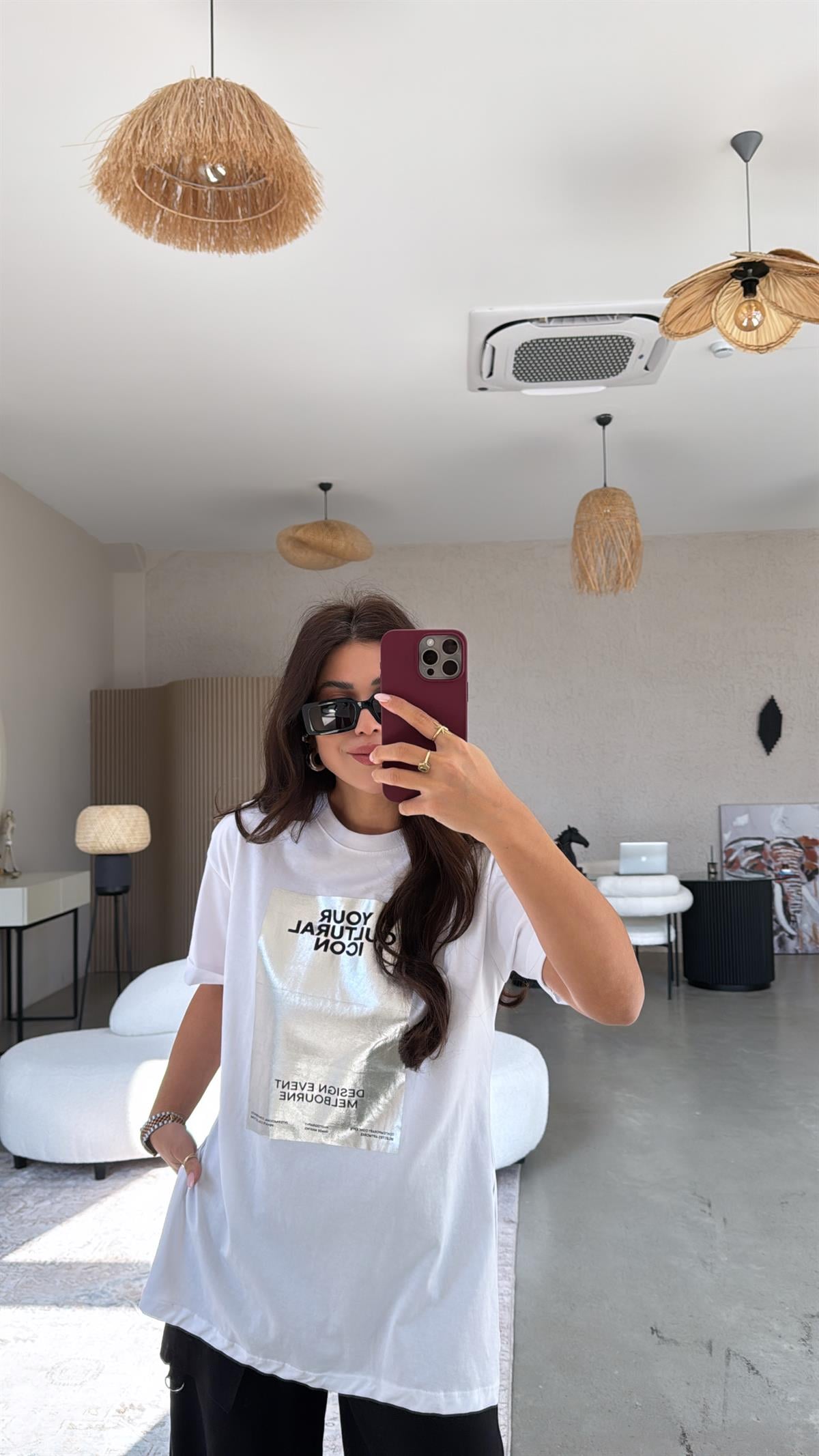 Gümüş Parlak Icon Baskılı Tshirt