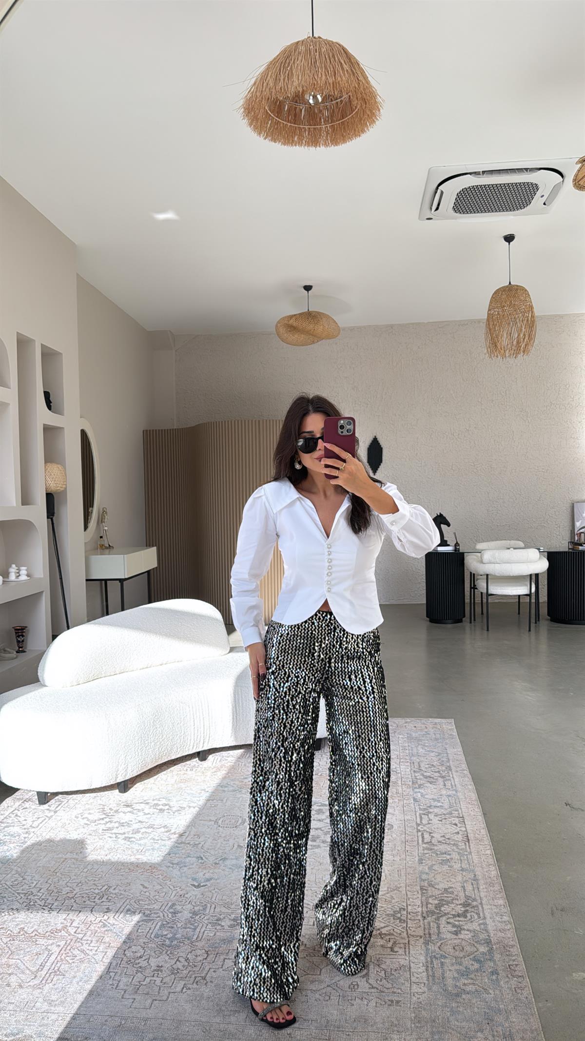 Gümüş Payetli Pantolon