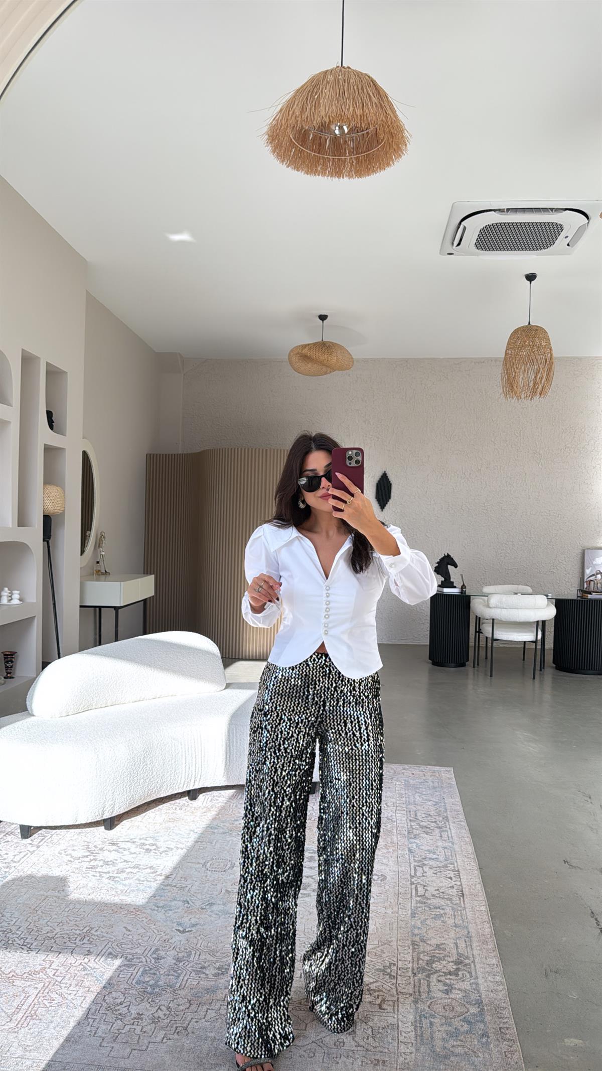 Gümüş Payetli Pantolon