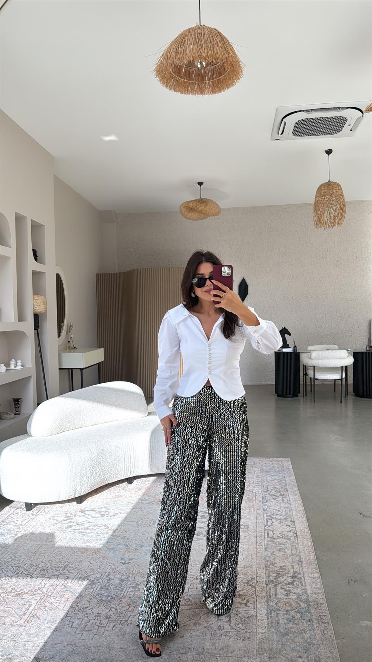 Gümüş Payetli Pantolon