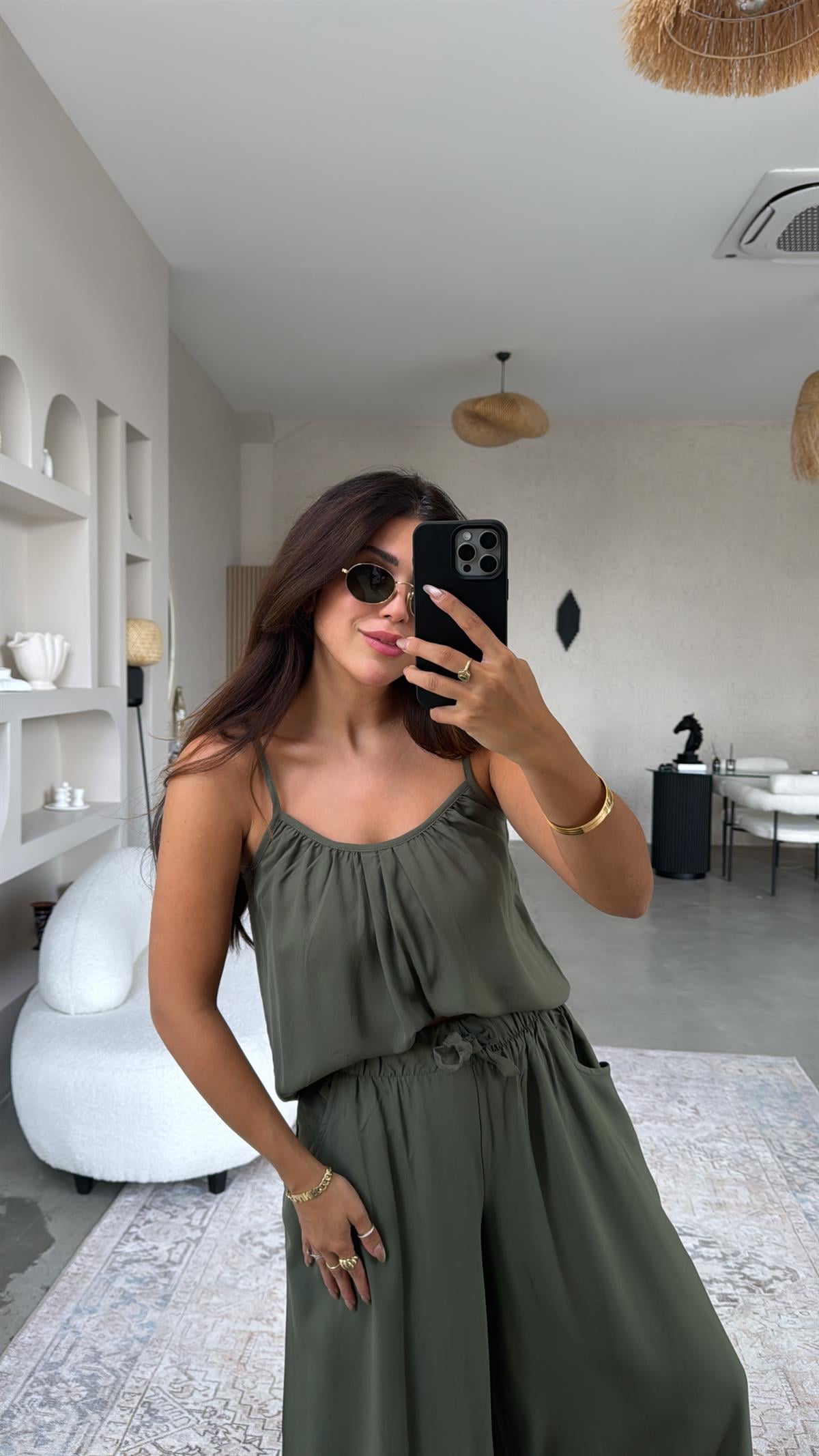 Haki Askılı Bluz Salaş Pantolon Takım