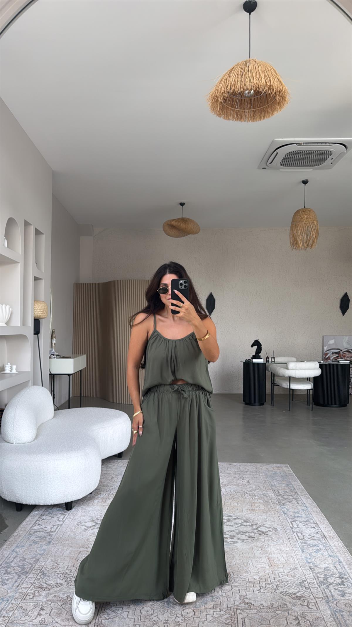 Haki Askılı Bluz Salaş Pantolon Takım