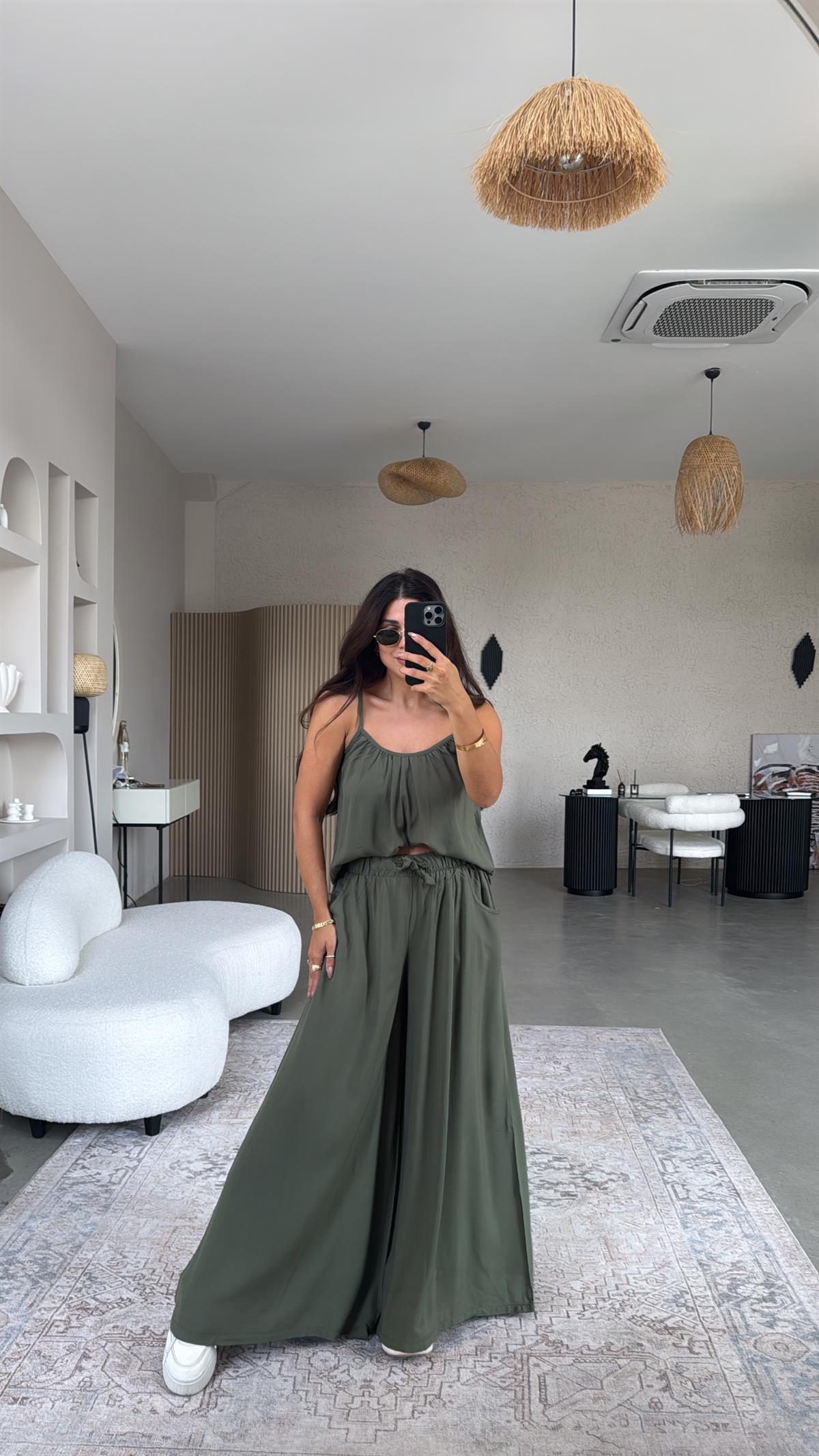 Haki Askılı Bluz Salaş Pantolon Takım