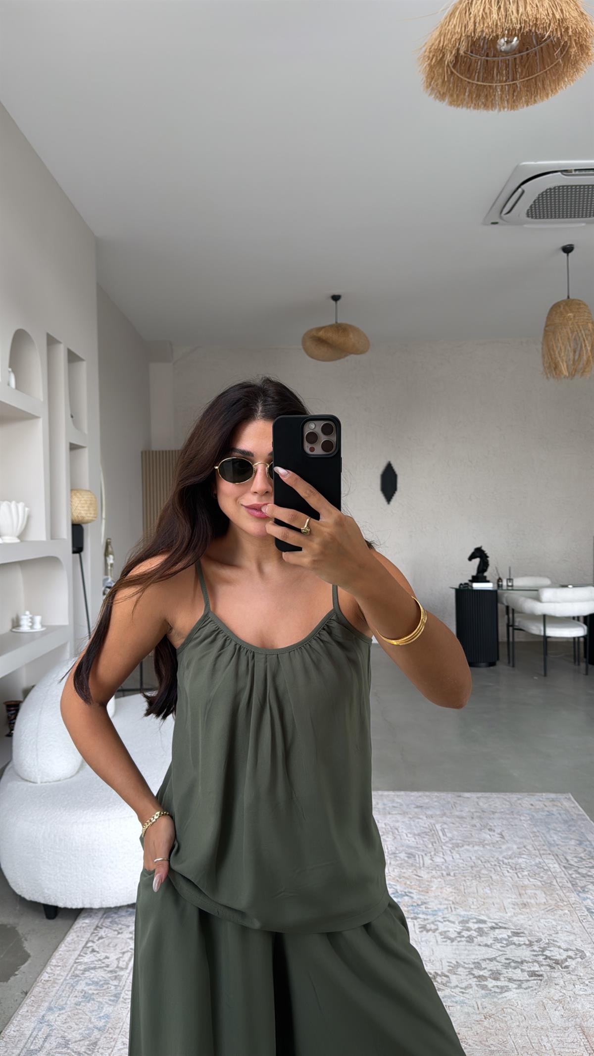 Haki Askılı Bluz Salaş Pantolon Takım